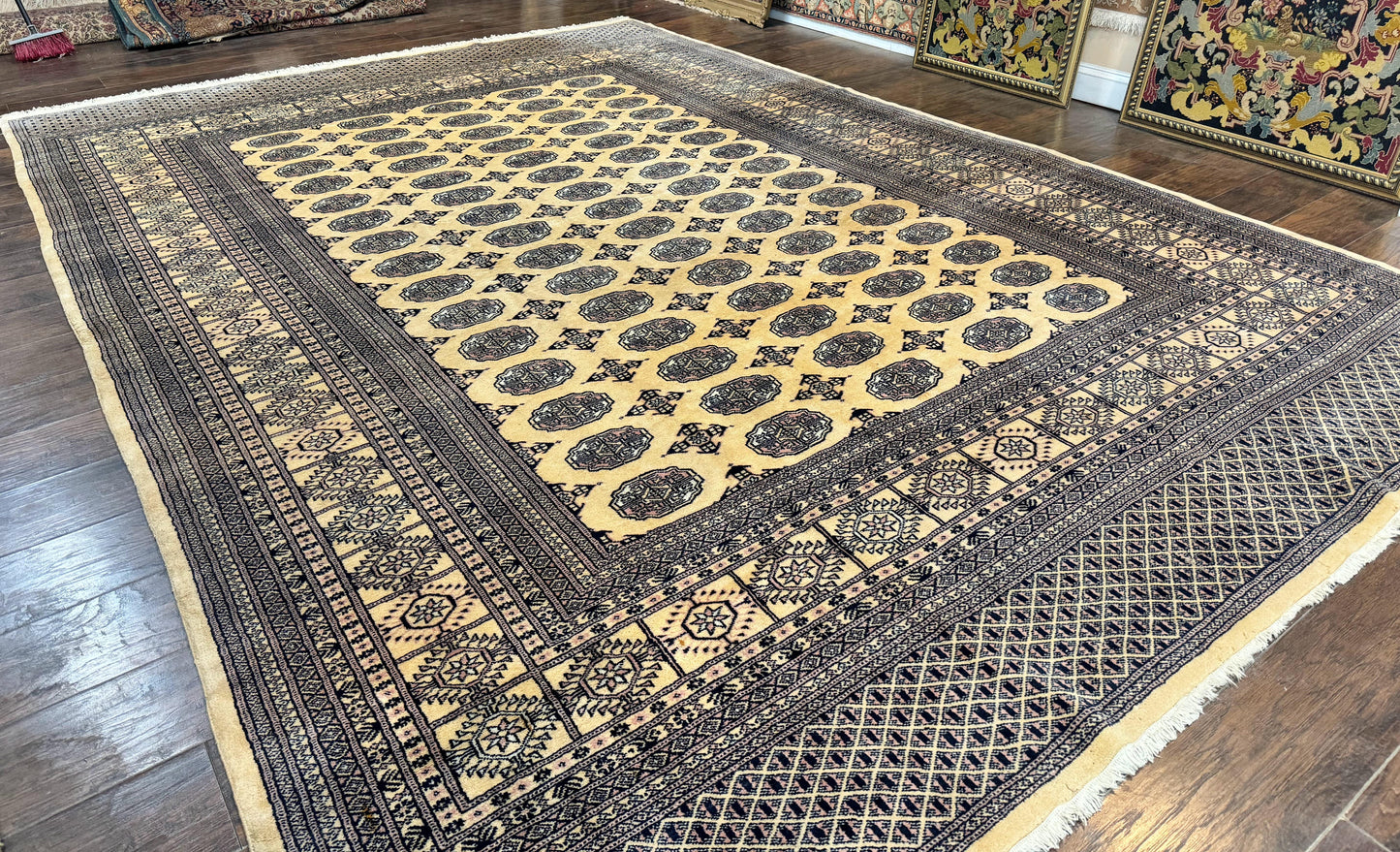 Pakistani Bokhara Turkoman Rug 9x11, Cream, Handmade Wool Vintage Carpet