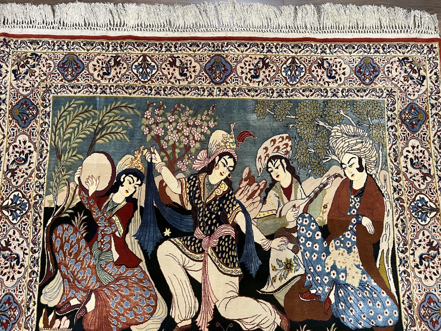 Persian Pictorial Rug Five By Four Feet Isfahan Kork Wool On Silk Foundation Master Weaver Signature Birds And Drums