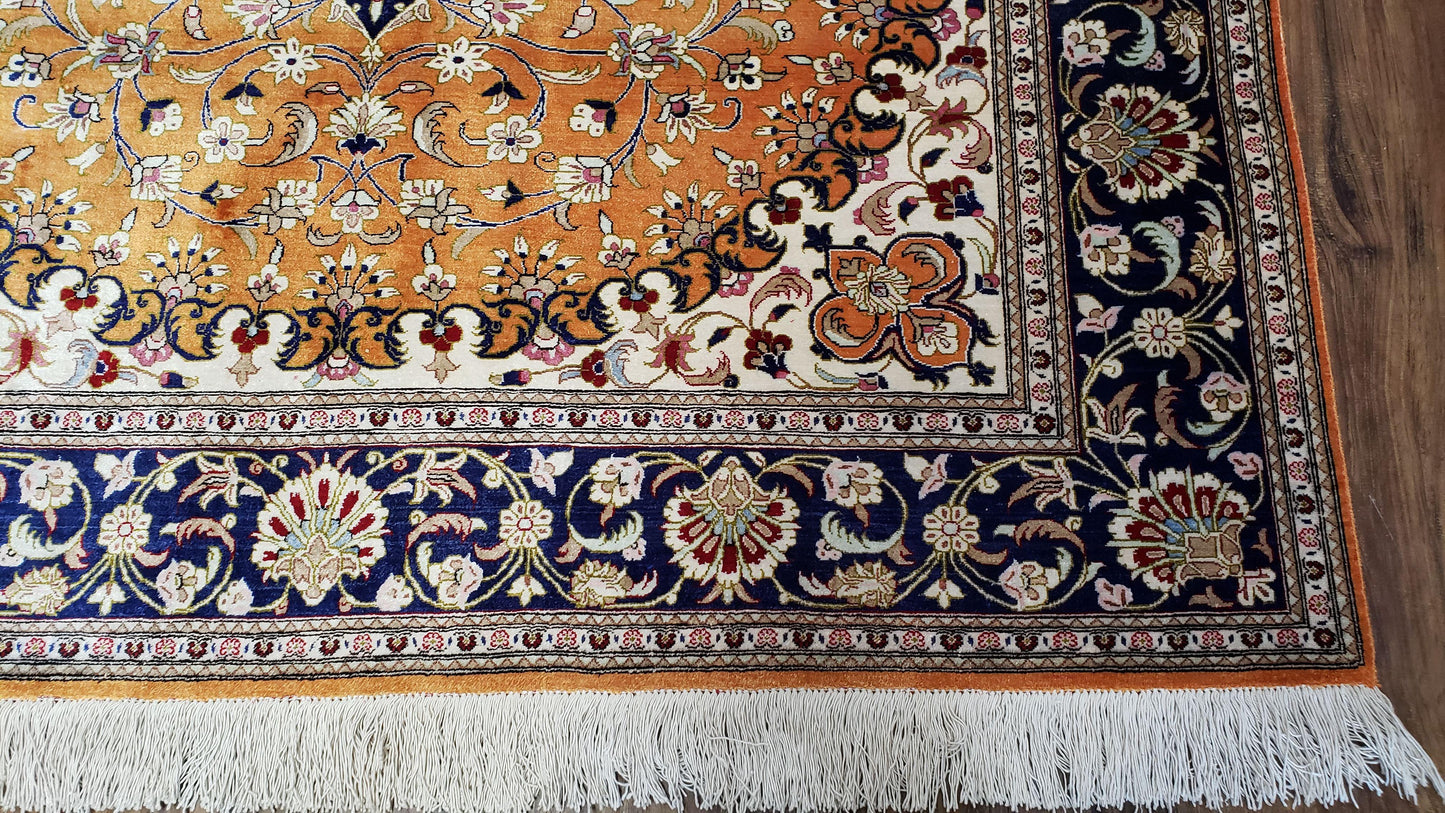Vintage Persian Qum Silk Rug 4.6x6.7 Burnt Orange Navy Blue Antique Oriental Signature Master Weaver 350 KPSI