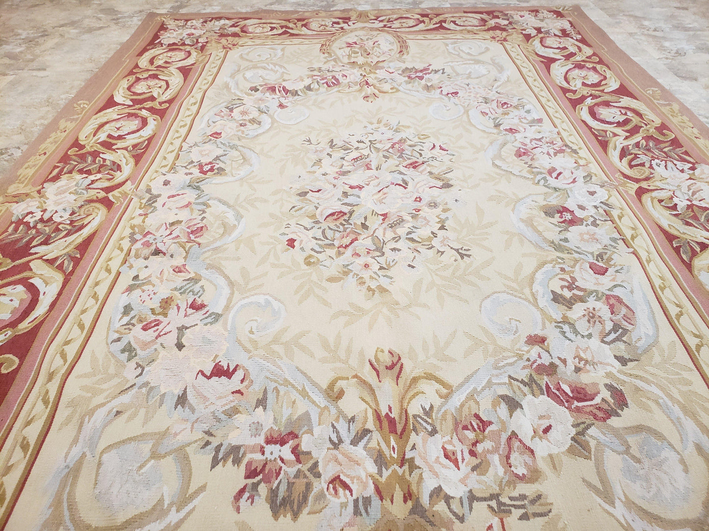 Aubusson Rug 6x9 Flatweave Wool Hand Woven Cream And Red
