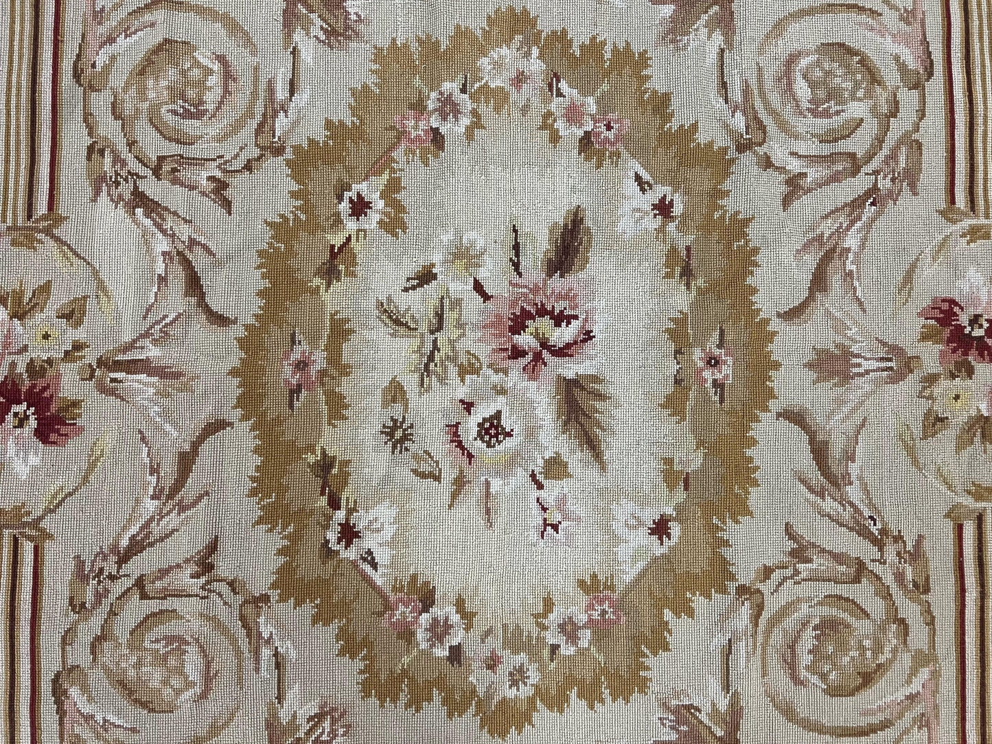 Aubusson Needlepoint Rug 4x5 Ft Beige Tan Vintage Wool Floral Rose European Design