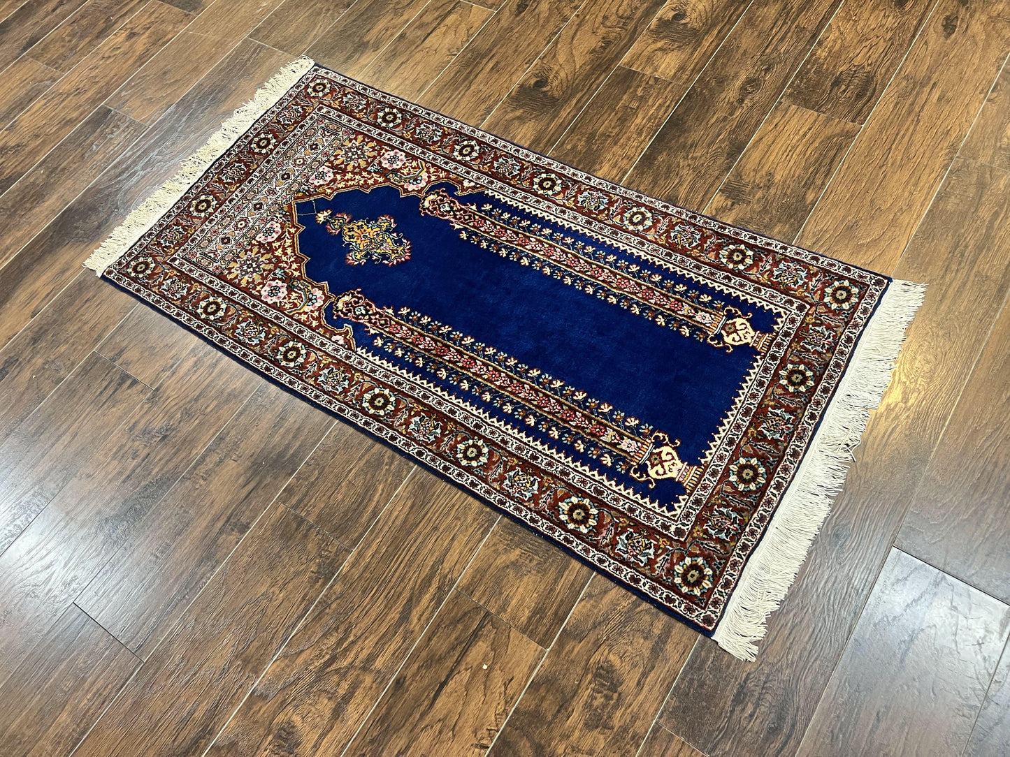 Indo Persian Prayer Rug 3x5 Vintage Hand Knotted Handmade Wool Dark Blue And Red Oriental Carpet
