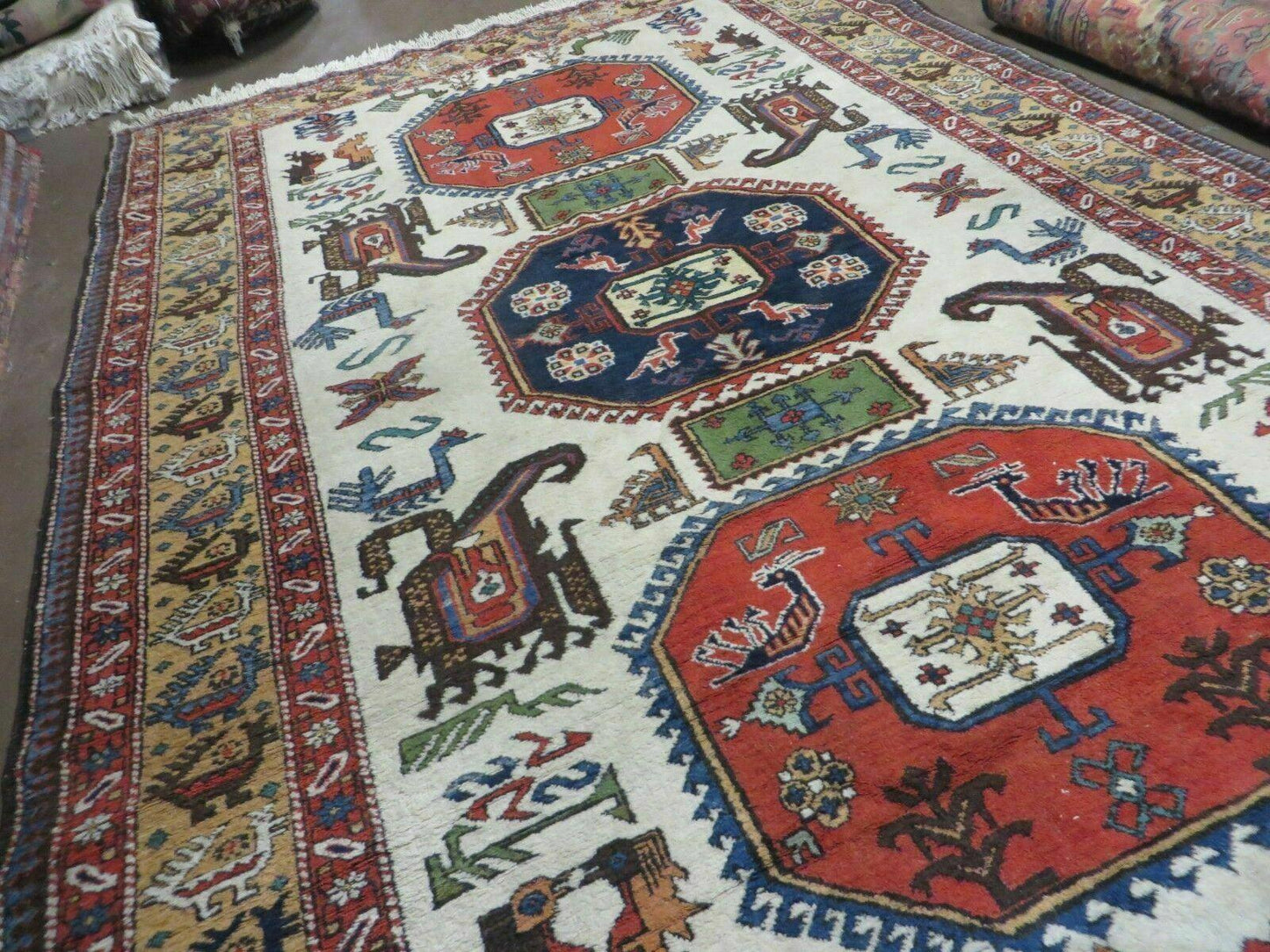 Turkish Knotted Wool Rug Vintage 7x10 Birds Animal Ivory Handmade Organic