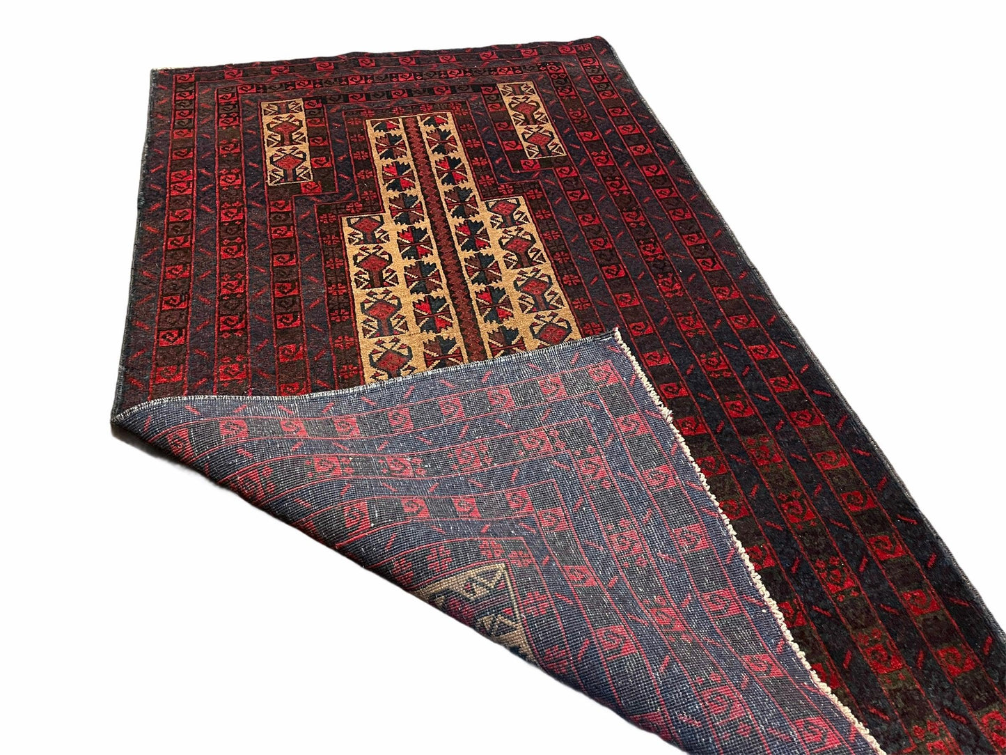 Turkoman Balouch Handmade Wool Rug Three By Three Point Five Vintage Red Tribal Prayer Carpet