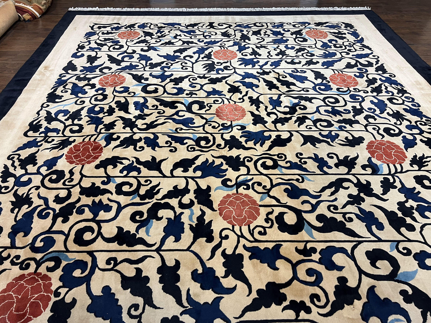 Antique Chinese Peking Rug 10x14, Beige Black, Handmade Wool Art Deco Carpet