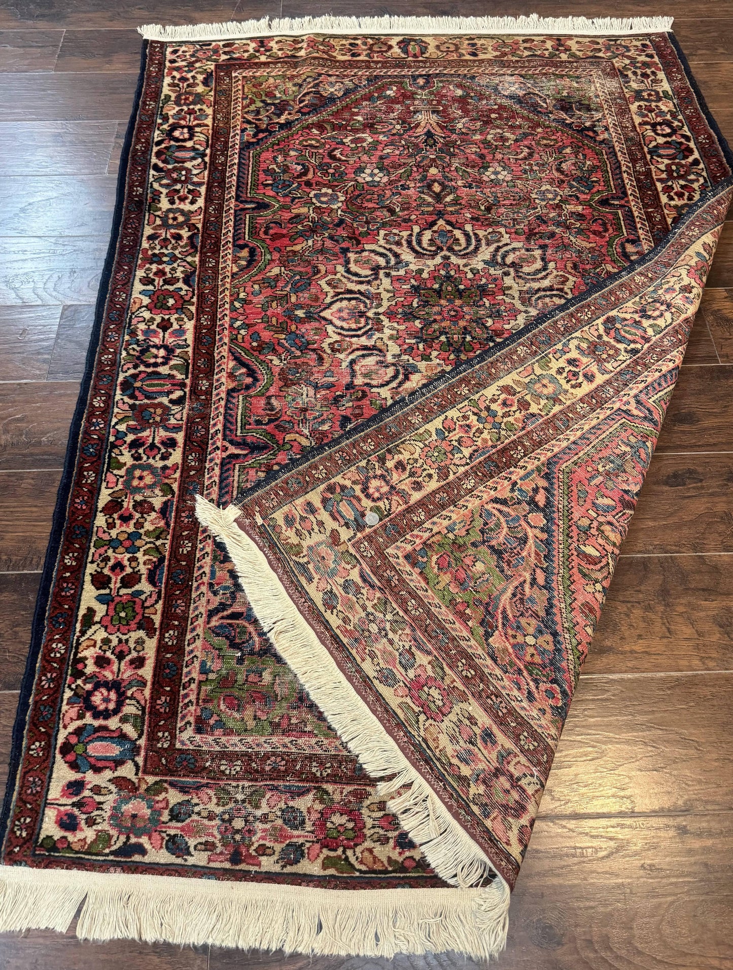 Antique Persian Malayer Rug 4 Ft 7 In By 6 Ft 6 In Hand Knotted Wool Carpet 1920s Tribal Red With Navy Accents