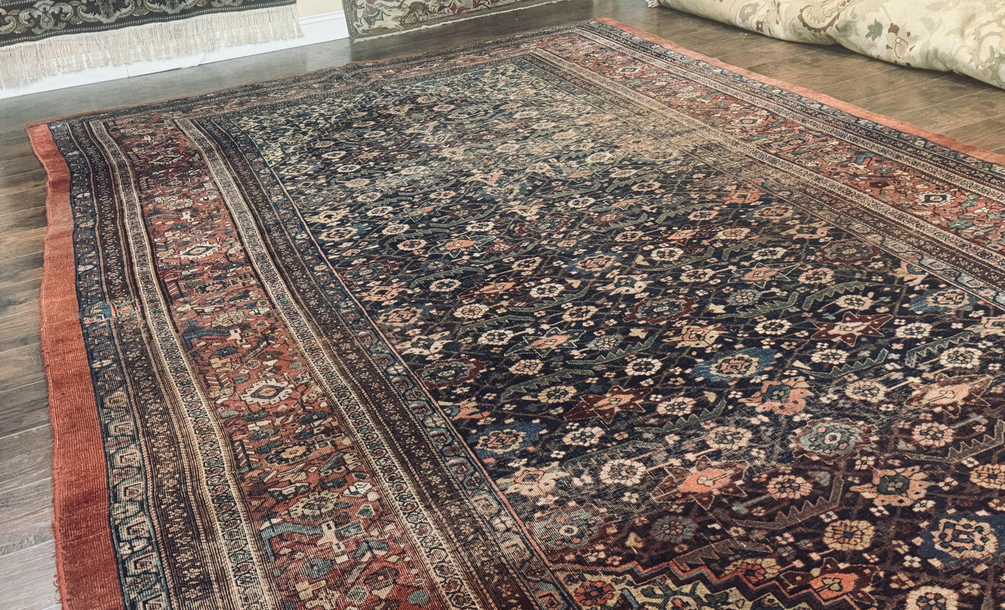 Persian Bidjar Rug 8x15 Navy Blue Herati Pattern Antique Collectors