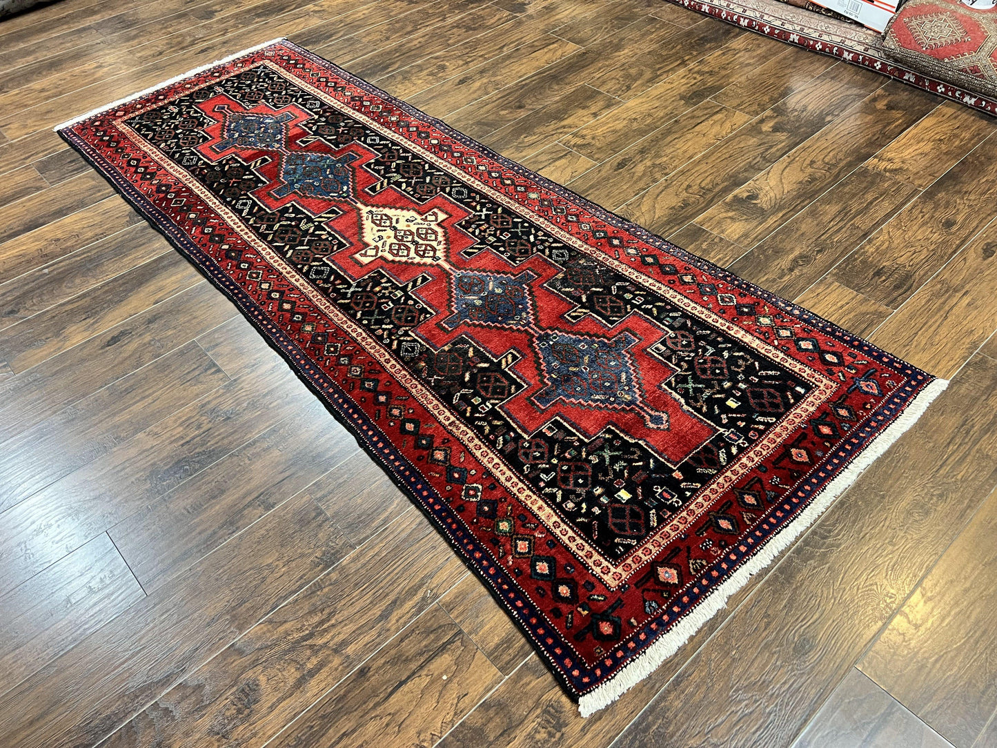 Senneh Runner Rug Persian Kurdish Handmade Wool 3x9 9ft Medallion Red Navy Blue Hallway Kitchen