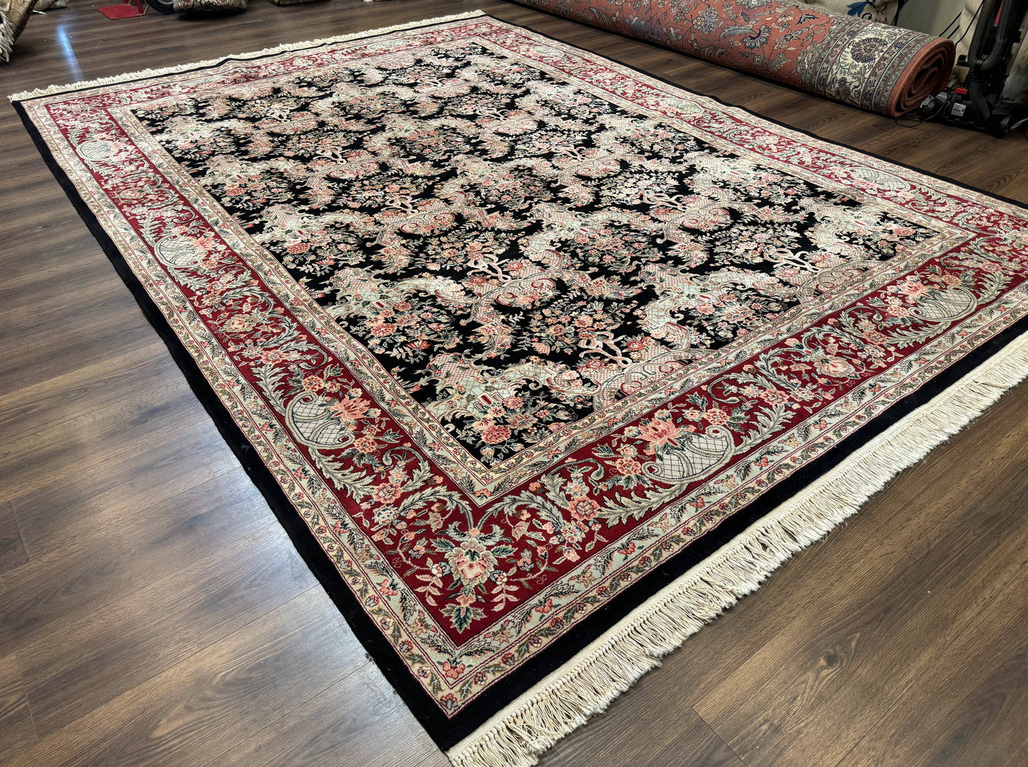 Sino Persian Rug 9x12 Black Floral Bouquets Vintage Hand Knotted Wool Silk