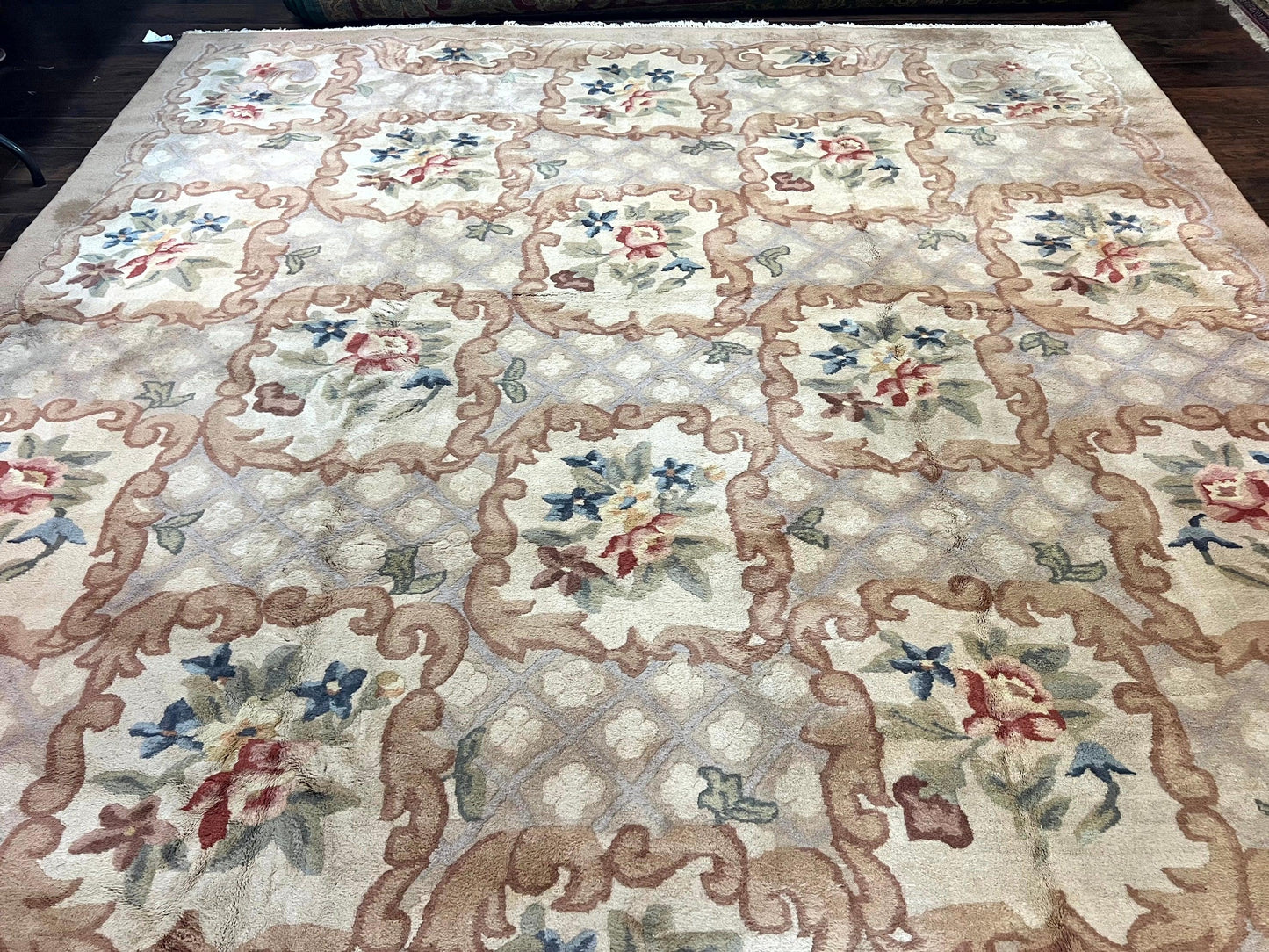 Indo Chinese Aubusson Wool Rug 11x16, Palace Sized Carpet, Oversized Handmade Vintage Rug, European Design