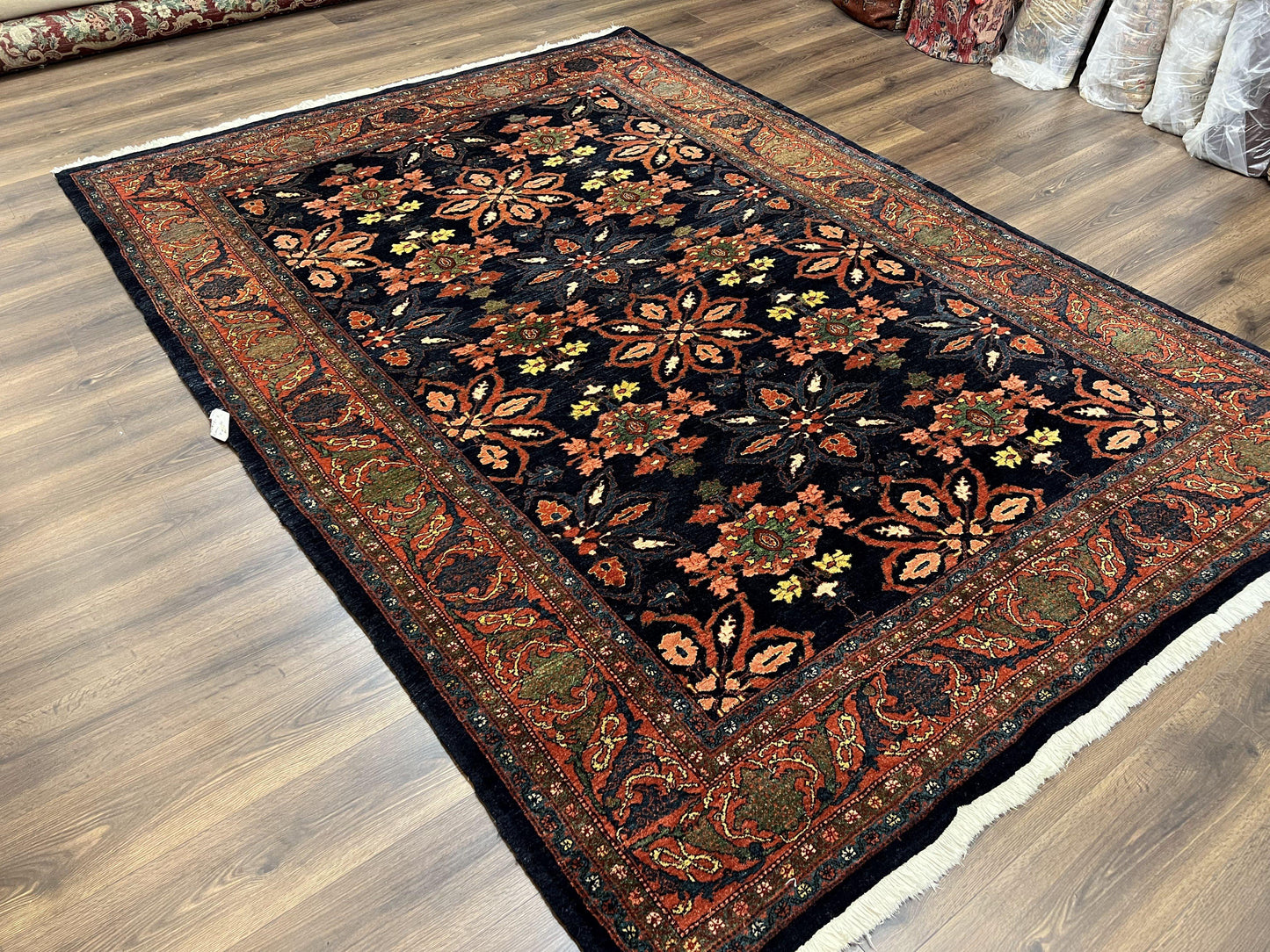 Hand Knotted Persian Bidjar Rug 7x10 Wool Navy Blue Red Floral Pattern