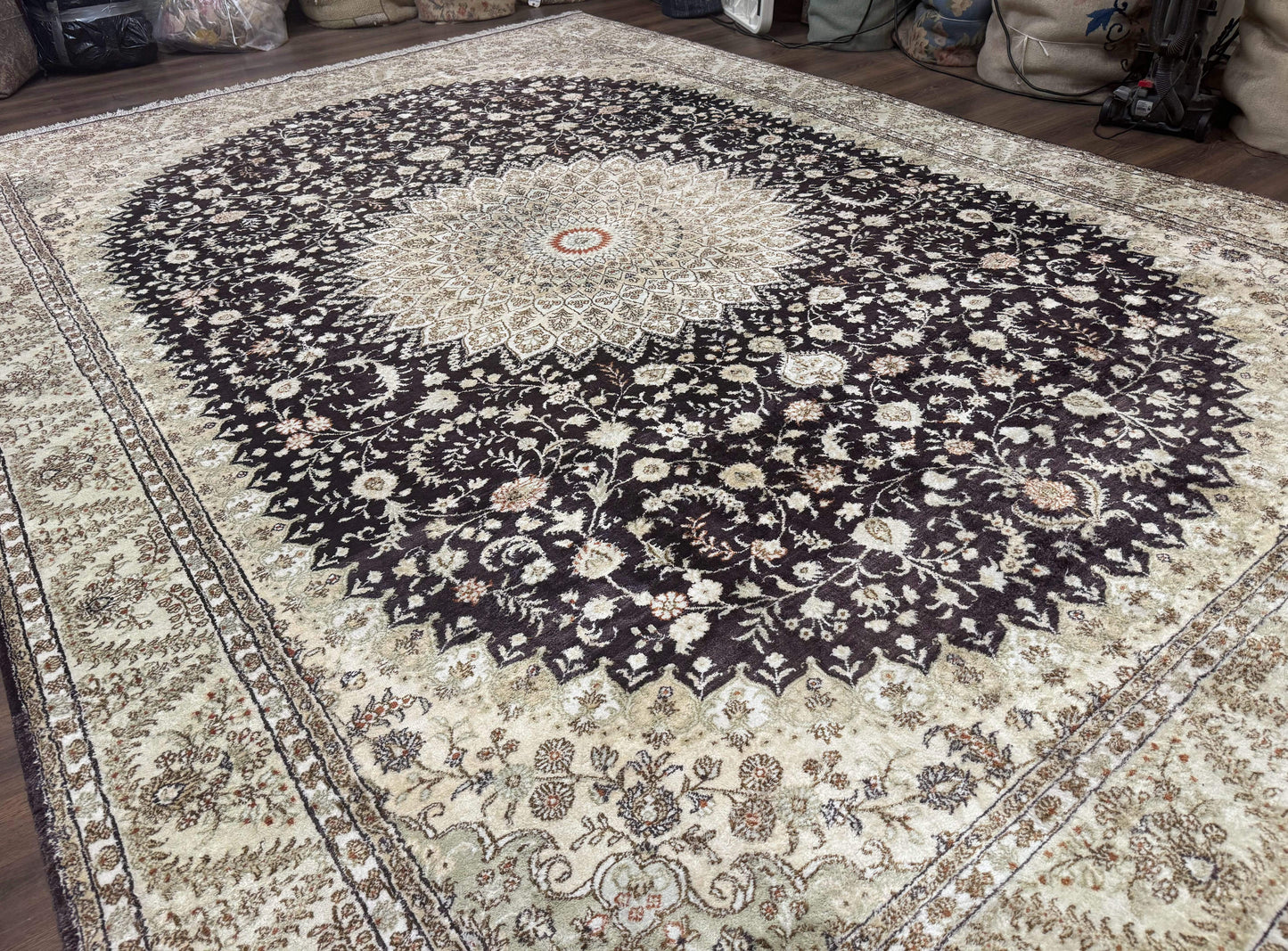 Indian Kashmiri Silk Rug 10x14, Floral Medallion