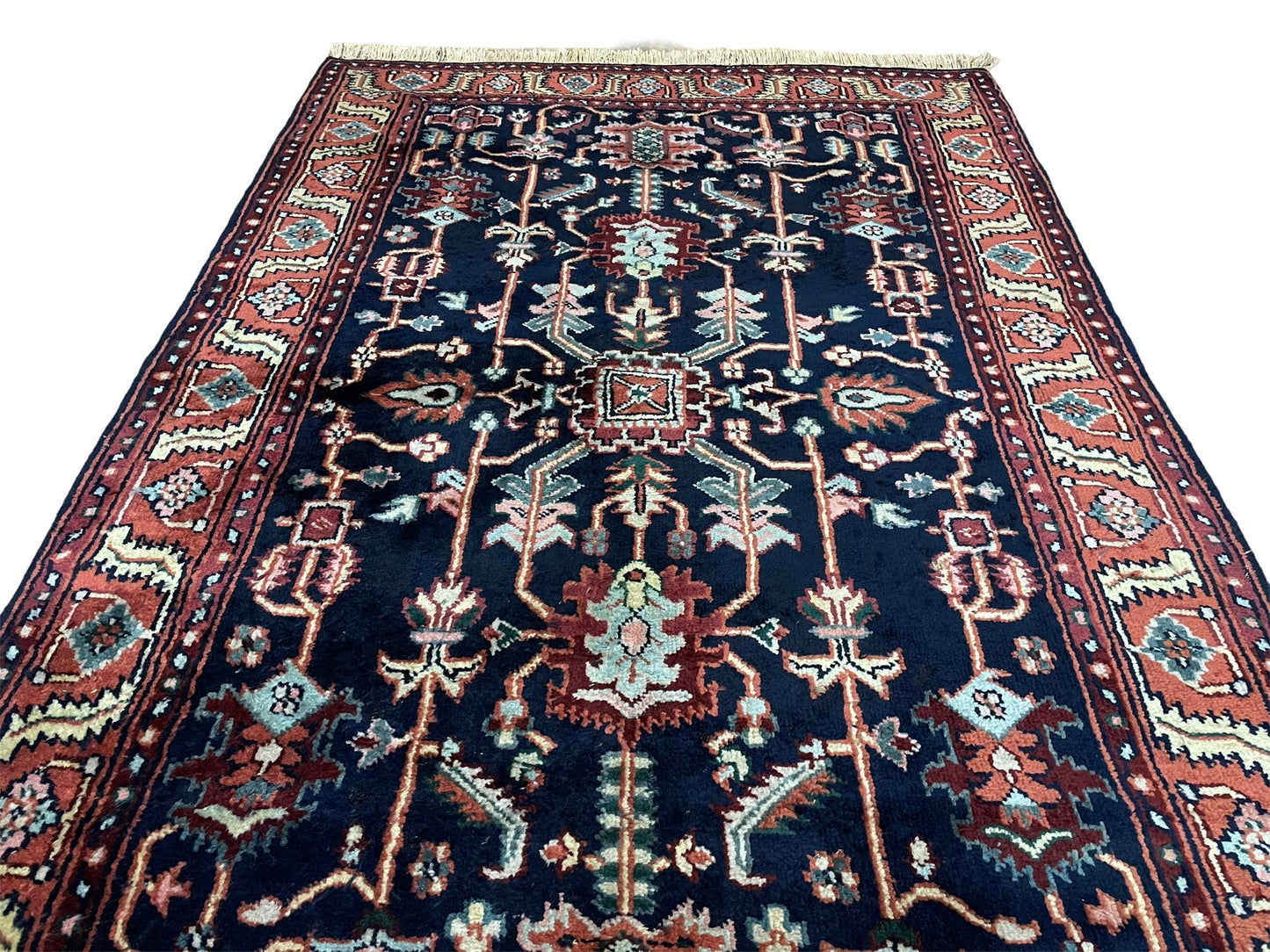 Handmade Wool Geometric Rug 4x6 Vintage Hand Knotted Organic Dyes Blue Red Area Rug