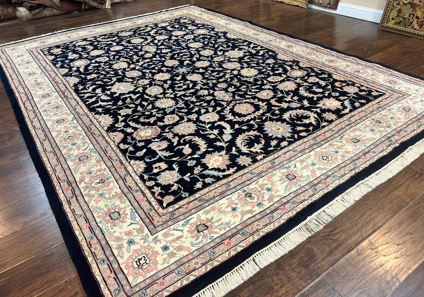 Indo Persian Rug 9x12 Wool Handmade Floral Allover Navy Ivory Vintage Carpet