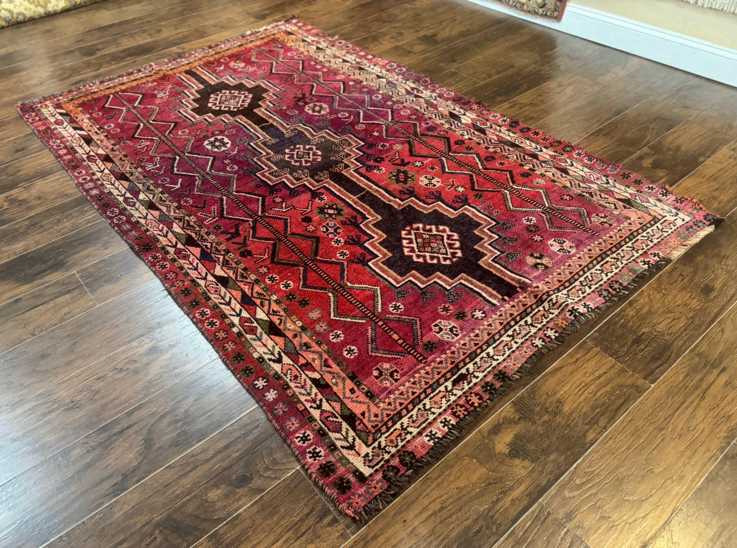 Persian Tribal Shiraz Rug 5x8, Geometric, Raspberry Red and Charcoal, Antique Persian Carpet