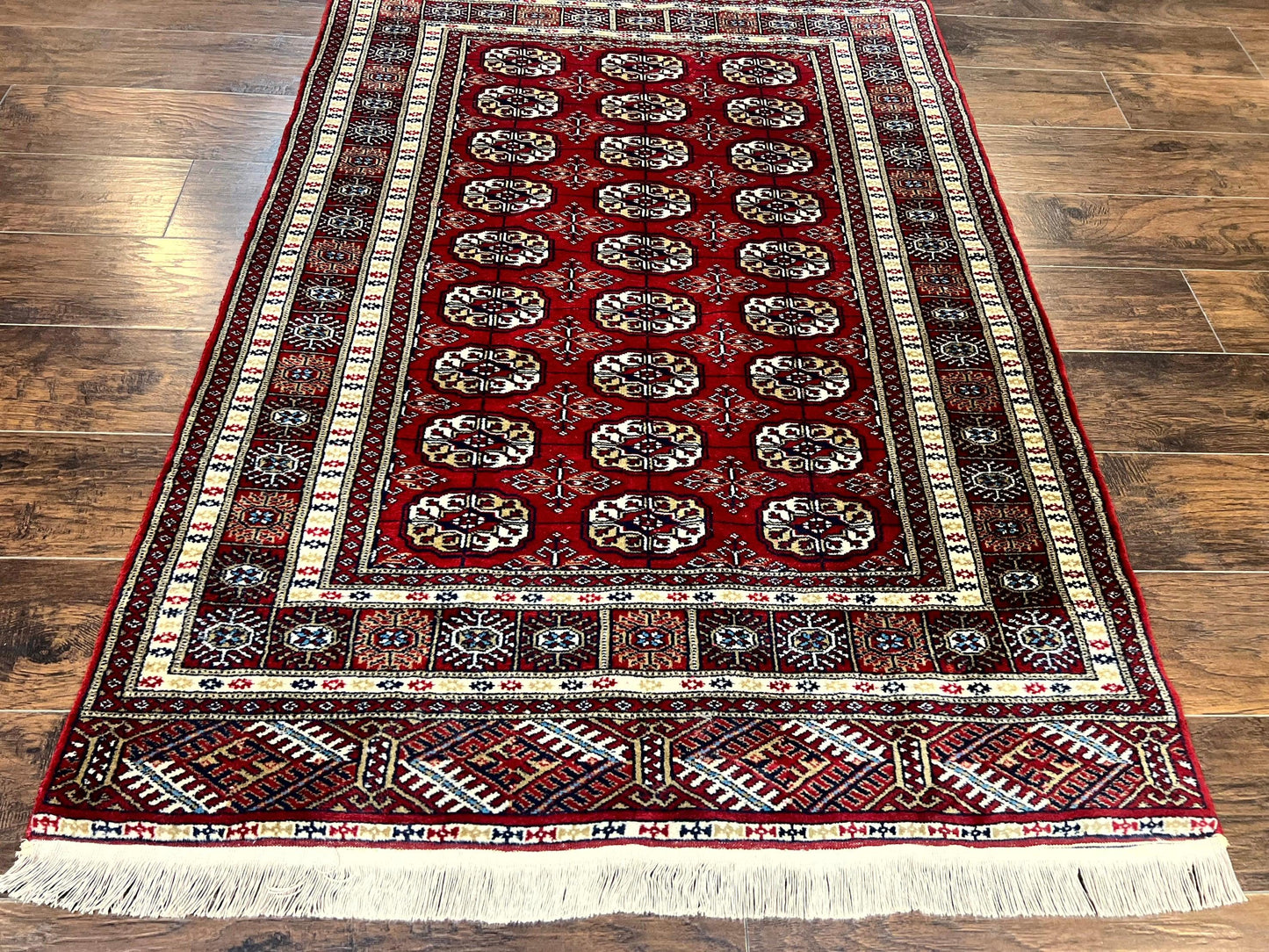 Pakistani Bokhara Rug 4x6, Red Turkoman Carpet, Finely Hand Knotted, Wool Vintage Rug