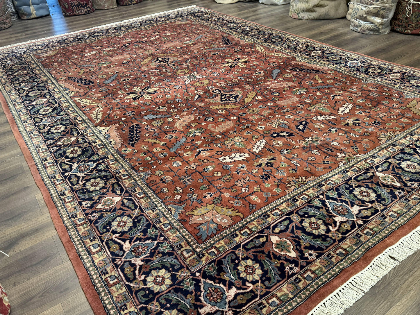 Indo Persian Heriz Rug 10x15 Handmade Wool With Allover Pattern And Vintage Charm