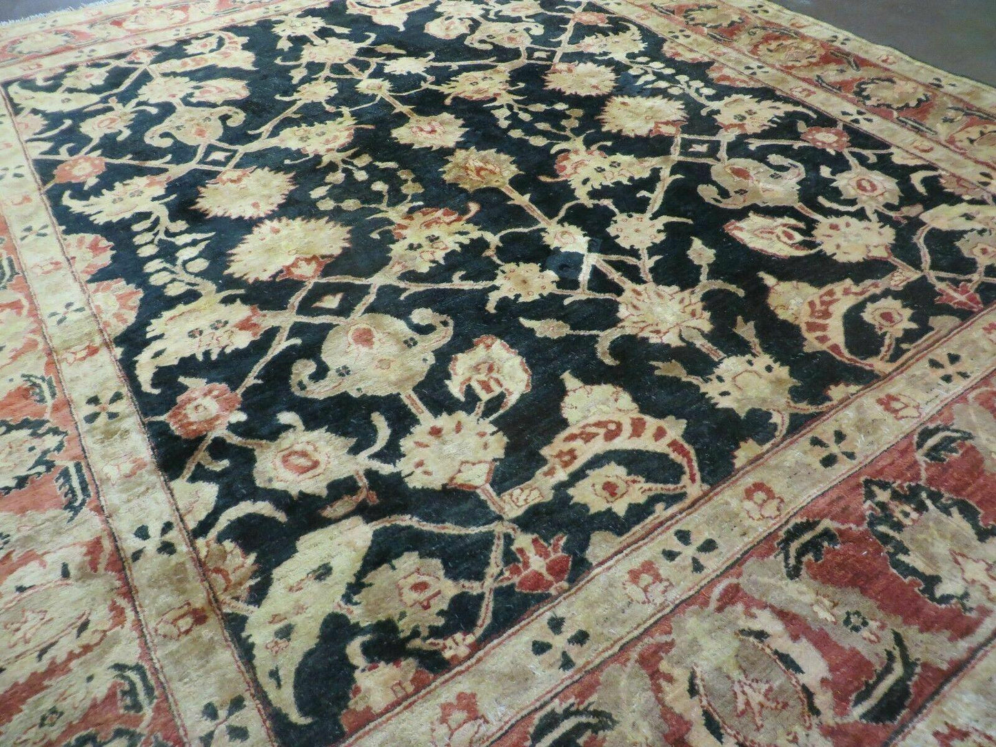 Handmade Pakistan Wool Rug 8x9 Peshawar Black Floral Design Cotton Blend