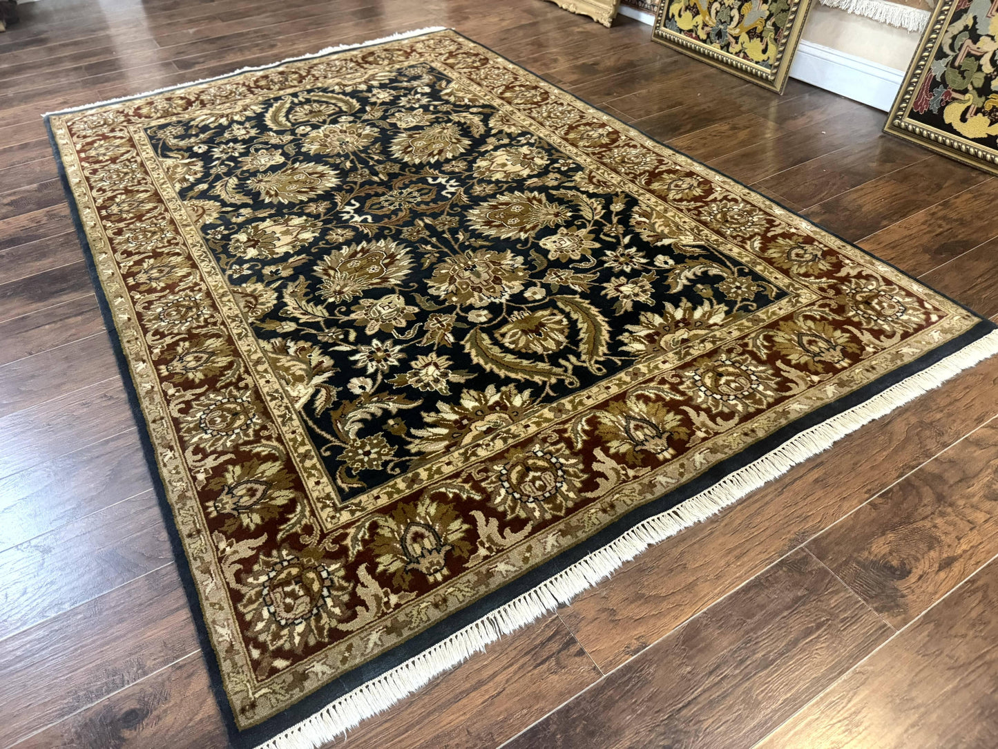 Indian Agra Rug 6x9, Floral, Traditional Rug, Dark Green Maroon Tan