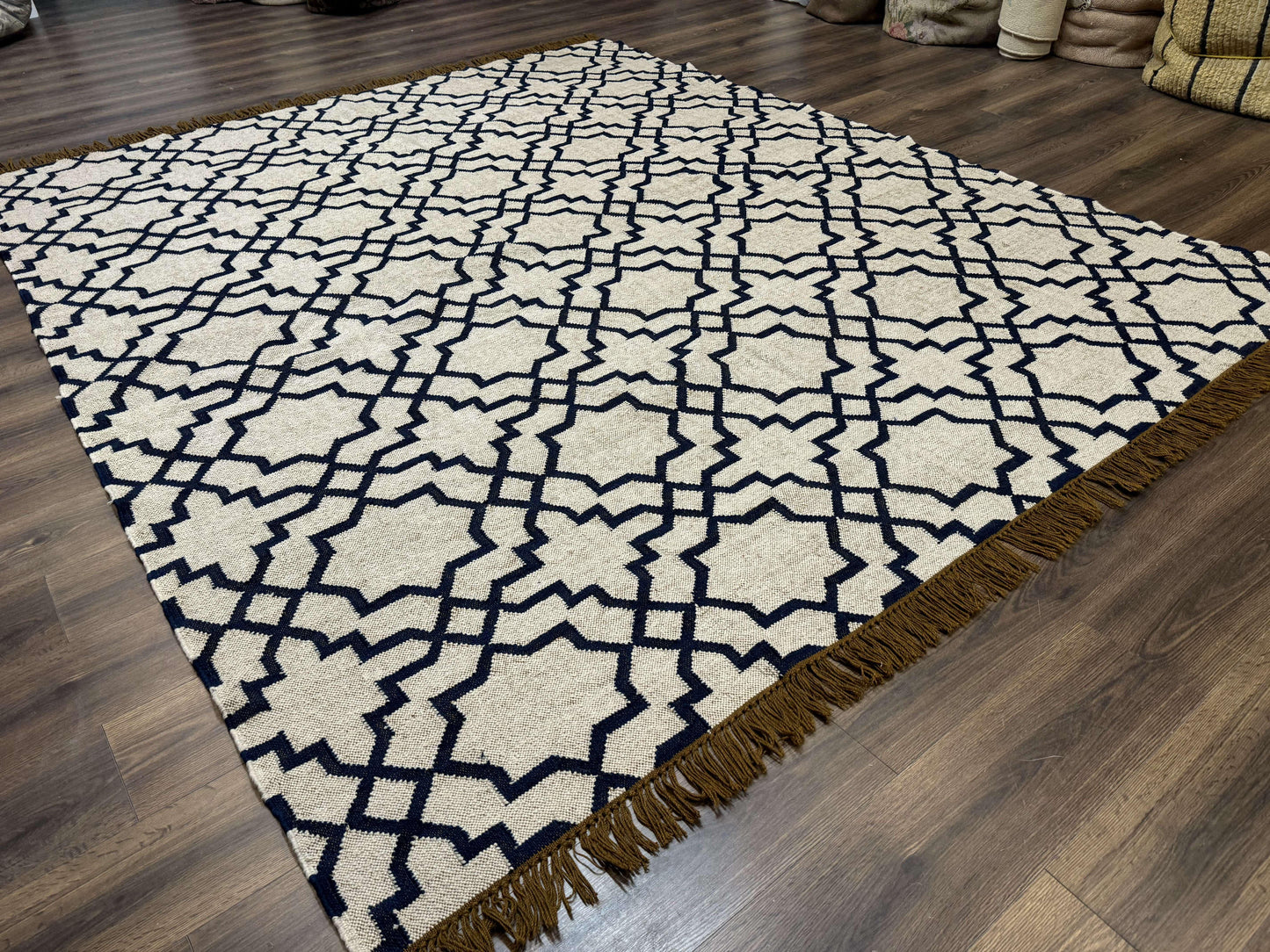 Indian Kilim Rug 8x10 Handwoven Wool Dhurrie Carpet Oat And Navy Blue