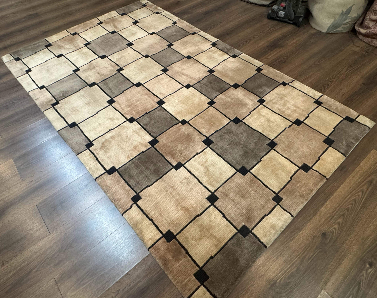 Tibetan Wool Rug 5x8 Hand Knotted Contemporary Abstract Design Soft Thick Pile