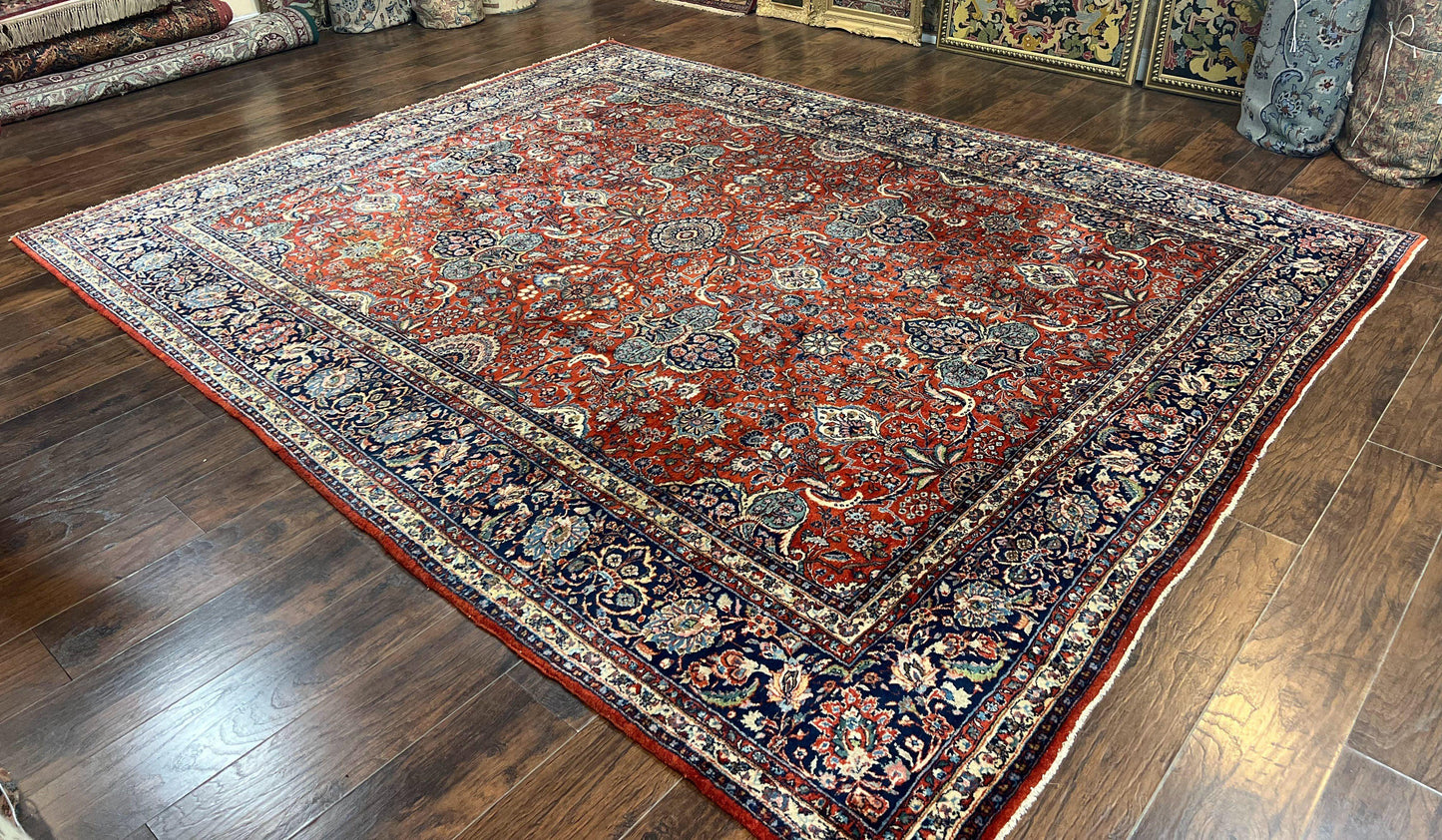 Persian Sarouk Rug 9x12 Handmade Wool Qazvin Antique Carpet Red And Dark Blue Floral Allover