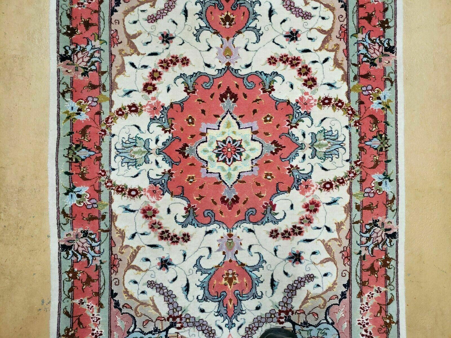 Small Vintage Persian Tabriz Wool and Silk Rug 2.5 x 4 ft, Very Finely Hand Knotted, Medallion, Ivory Salmon Light Blue, Top Quality, Pair B