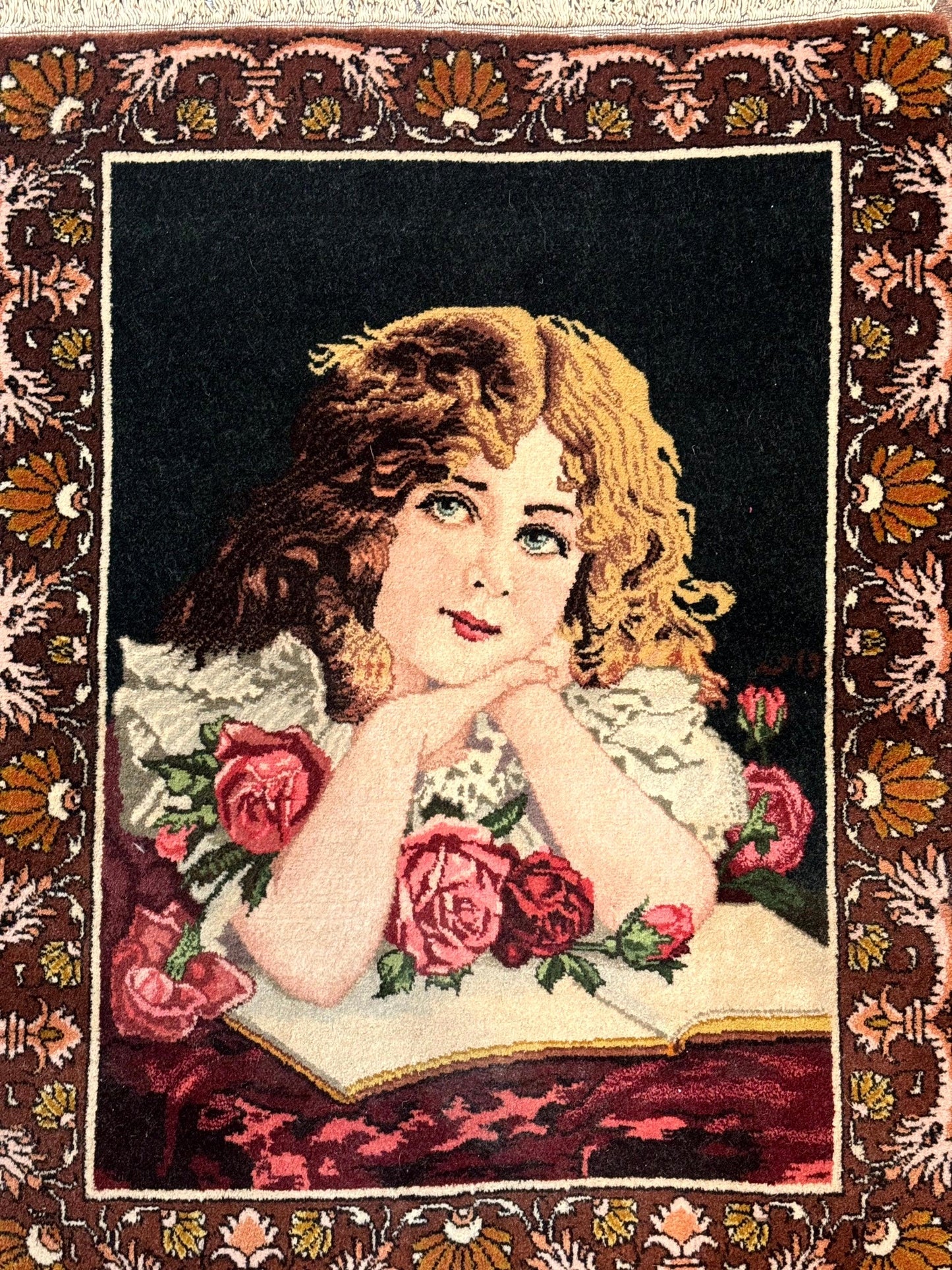 Persian Pictorial Rug Small Tabriz With Roses Portrait Of A Young Lady Handmade Wall Hanging