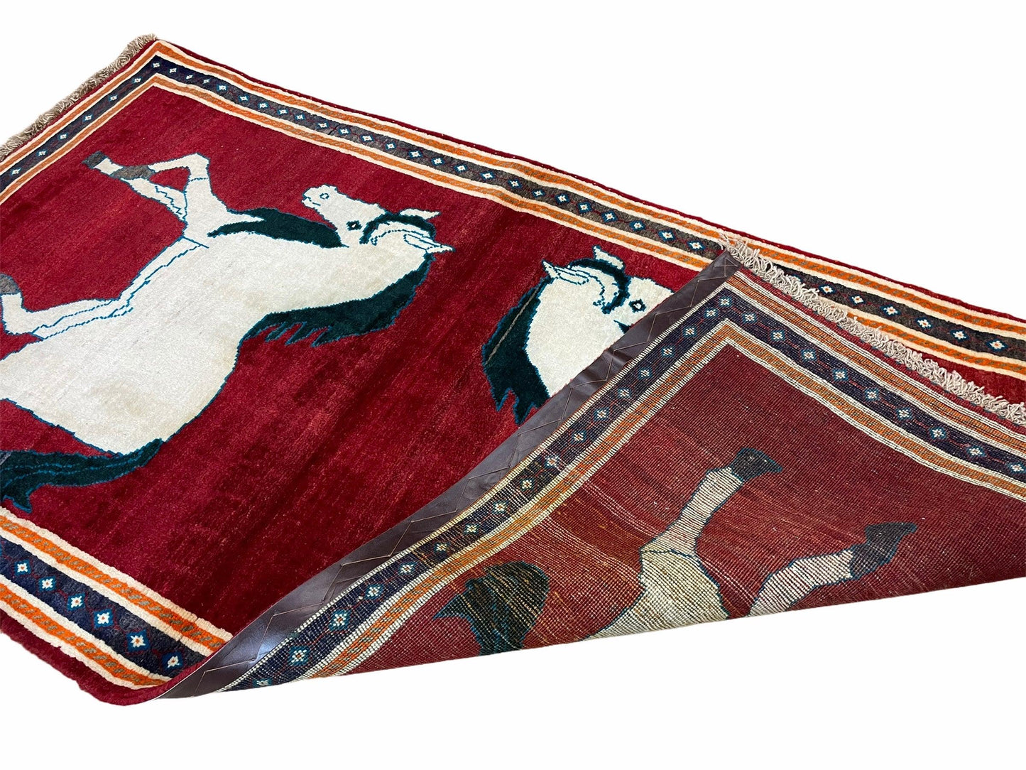 Handmade Hand-Knotted Wool Rug With Horses Motif Vintage White And Red 3.5 x 6