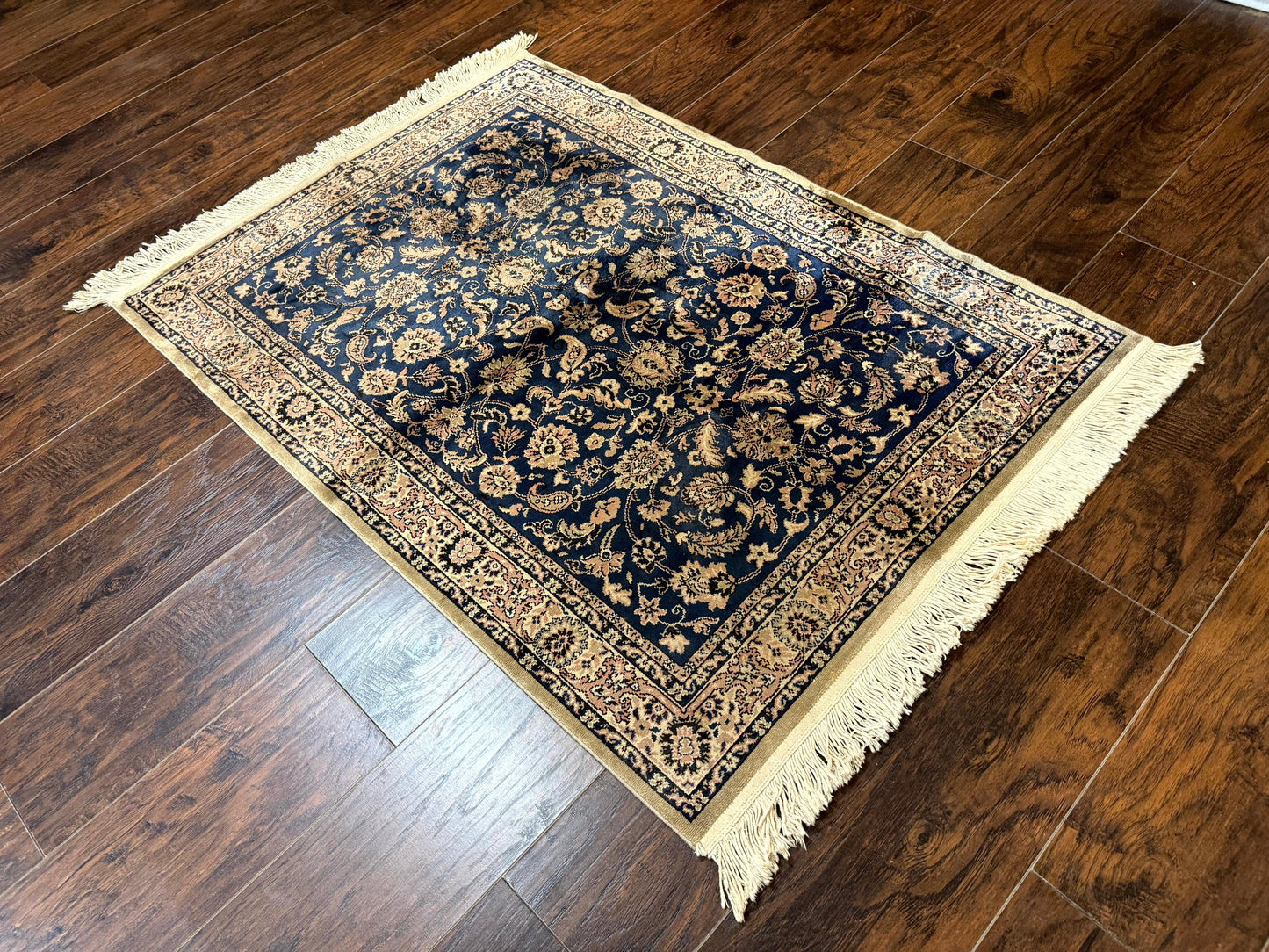 Vintage Art Silk Rug 3x4 Traditional Oriental Persian Design Navy Blue Power Loomed