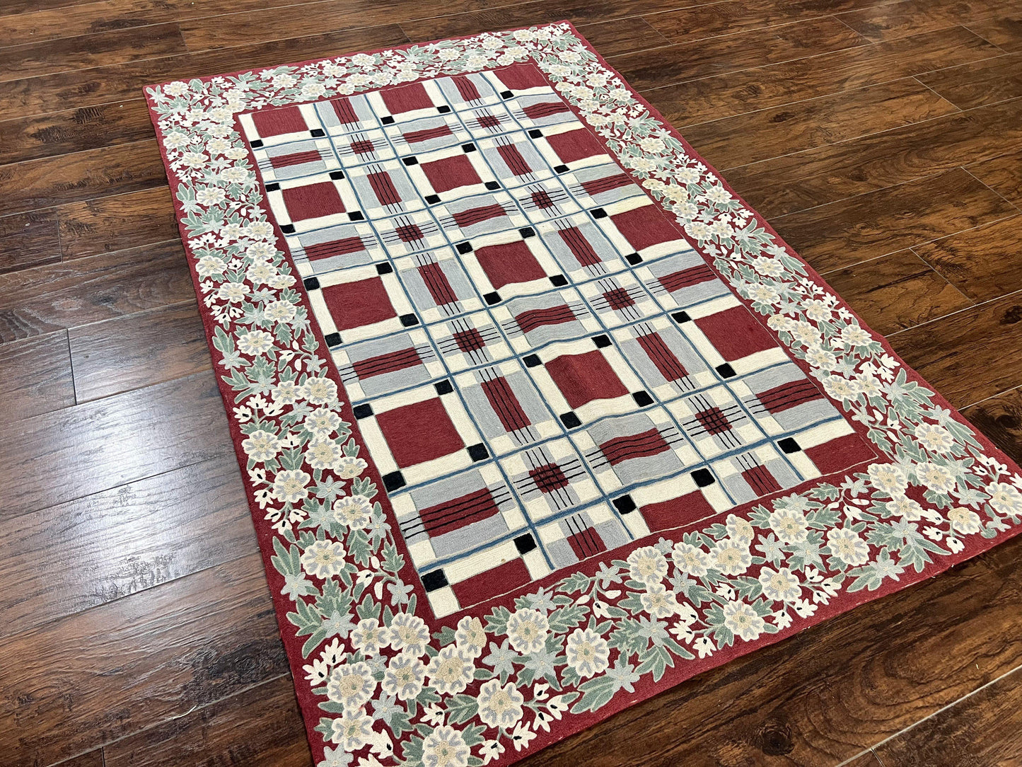 Indian Hand Stitched Rug 4x6, Vintage Carpet, Checkerboard Floral Pattern, Maroon Ivory, Flatweave, Wool