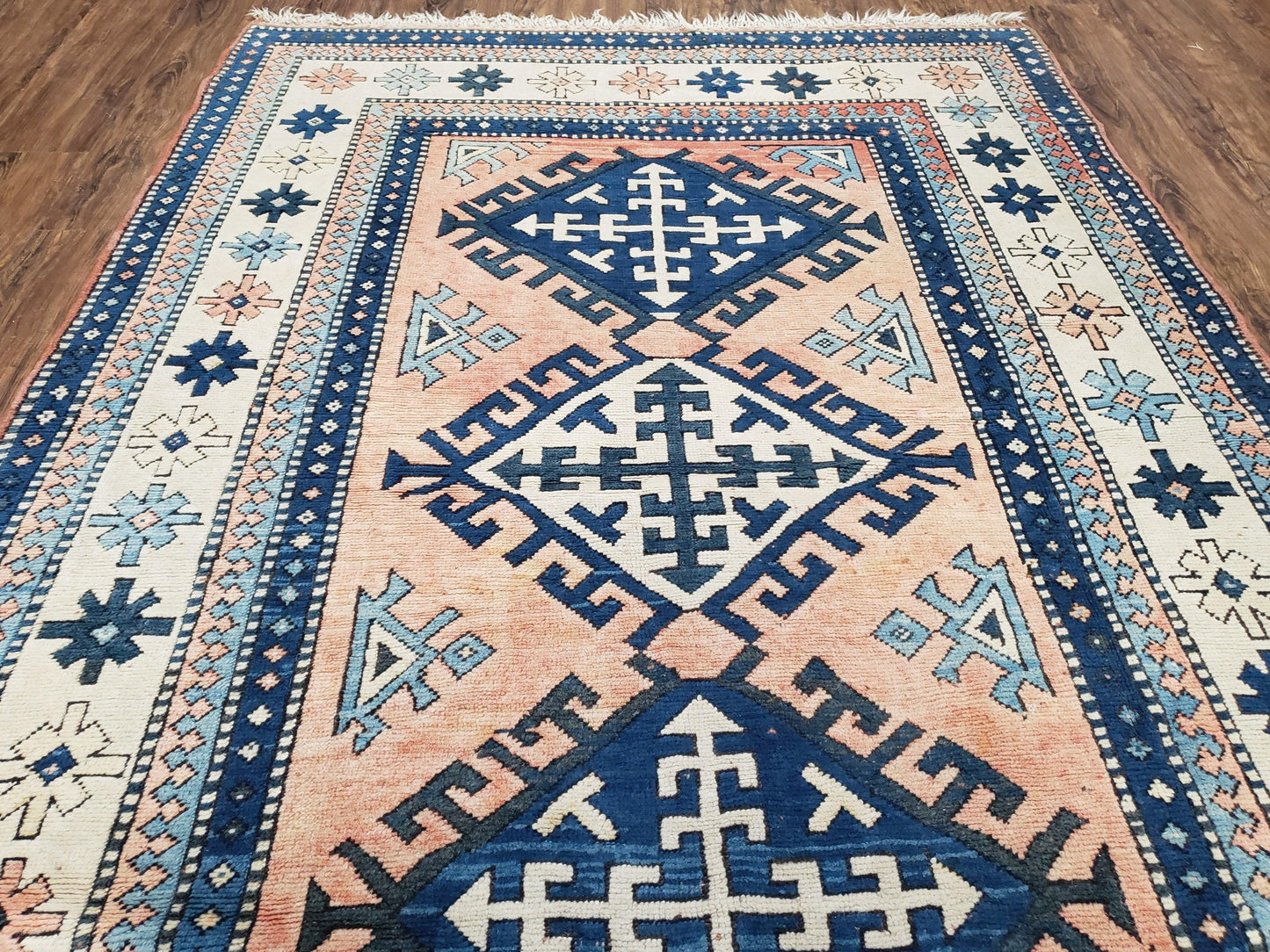 Turkish Kazak Rug 5x8 Ft Hand Knotted Wool Bohemian Carpet Blue Ivory