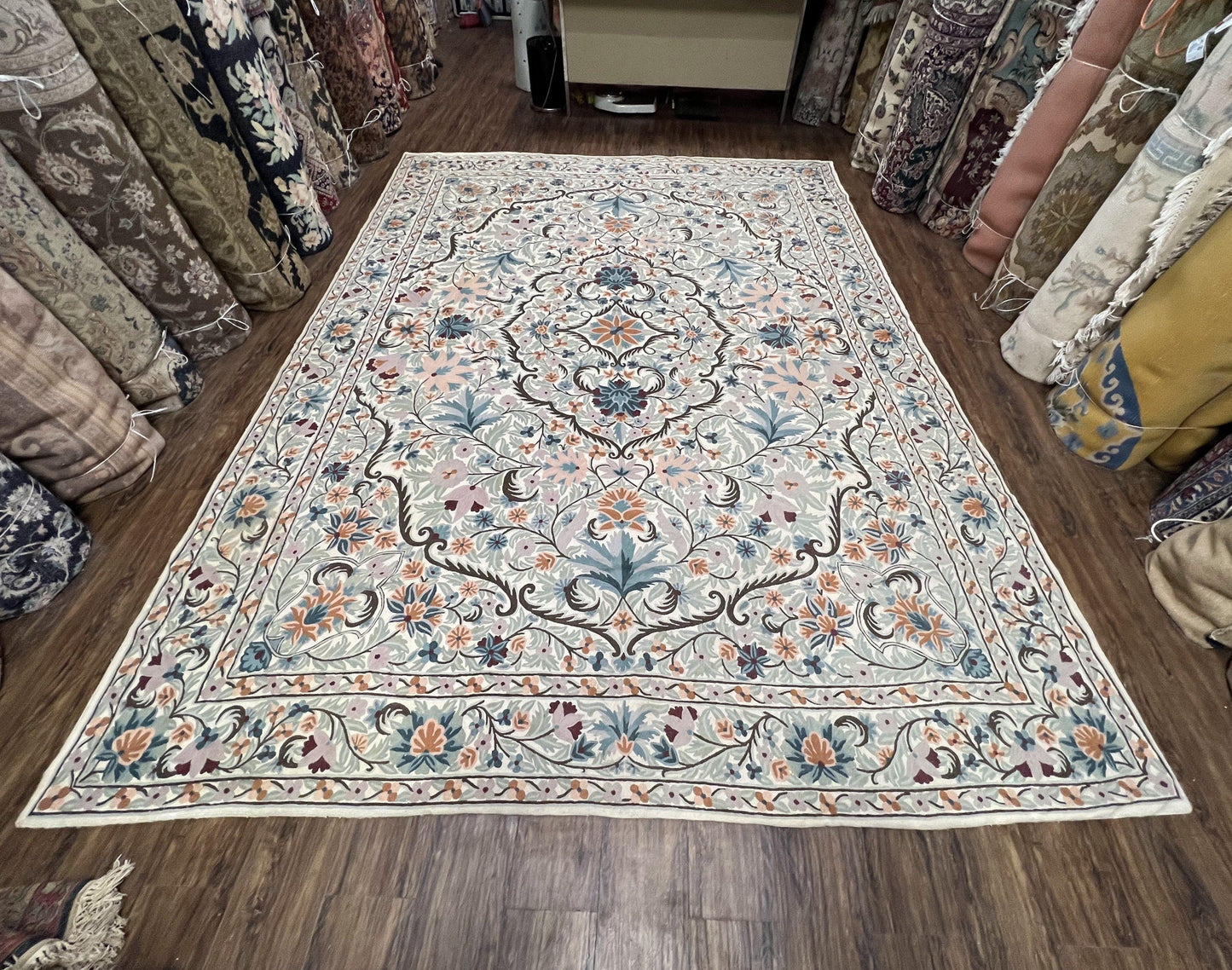 Hand Stitched Wool Rug Chain Stitched 9x12 Vintage Indian Medallion Rug