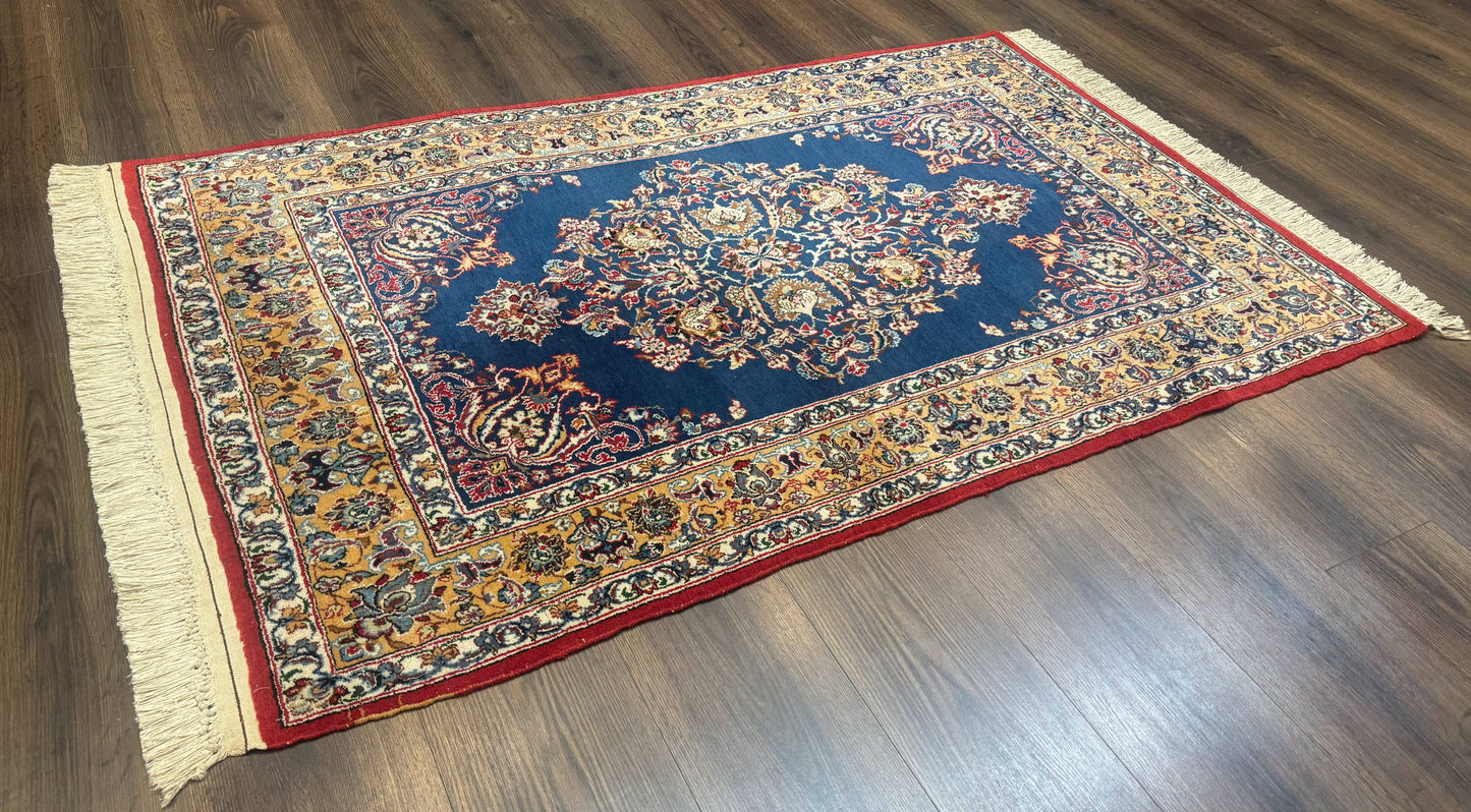 Blue Persian Qum Rug 3.6 x 5 Floral Medallion Navy Field 310 KPSI