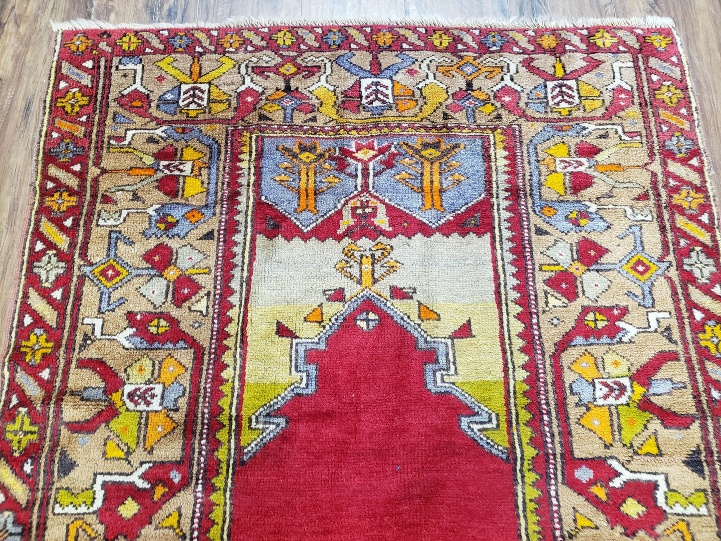 Antique Turkish Prayer Rug Handwoven Wool 3.8 By 5 Feet Colorful Red Blue Gold Anatolian Carpet