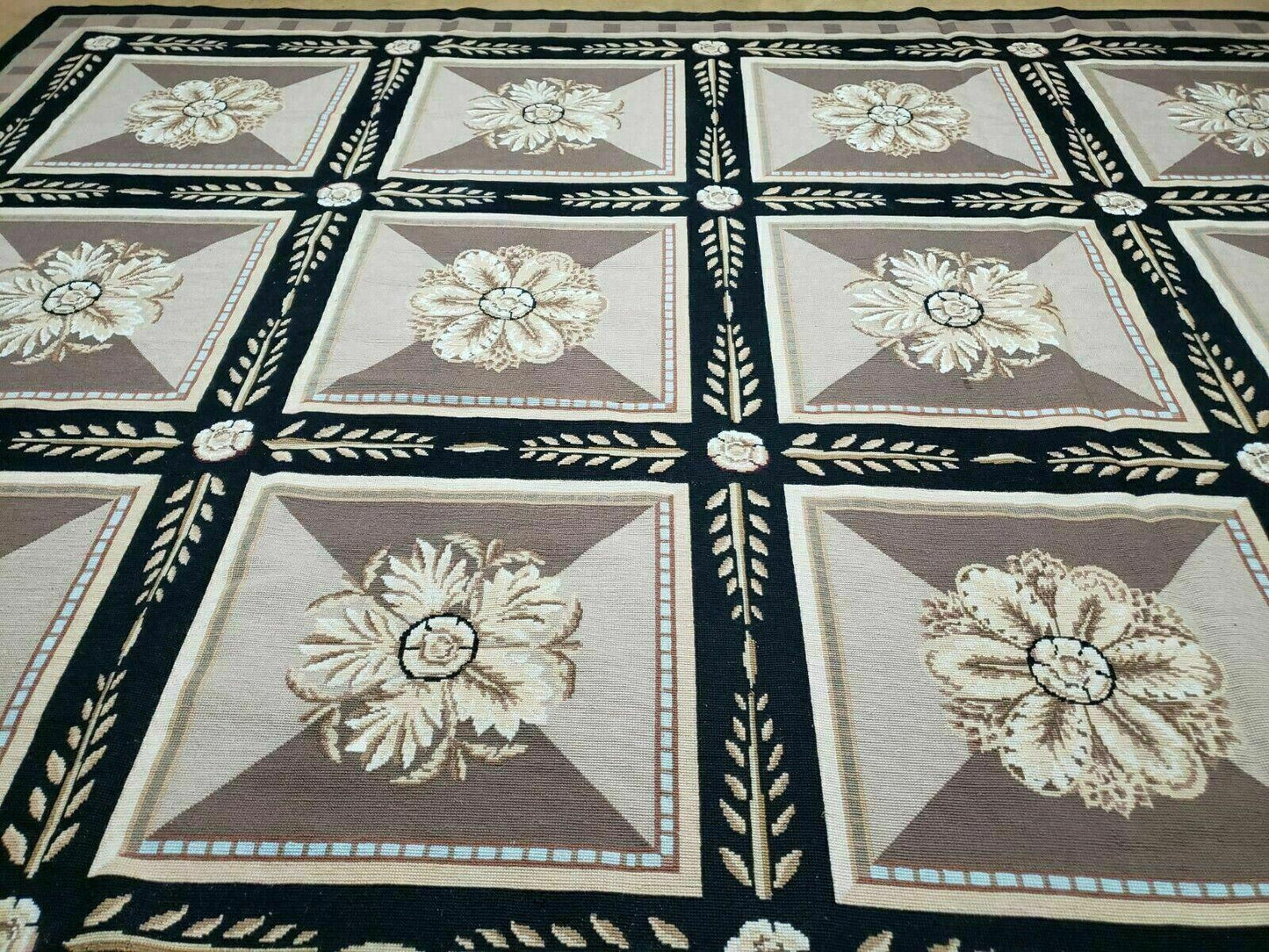 Aubusson Rug Needlepoint Wool 9x12 Handmade Savonnerie Design Vintage