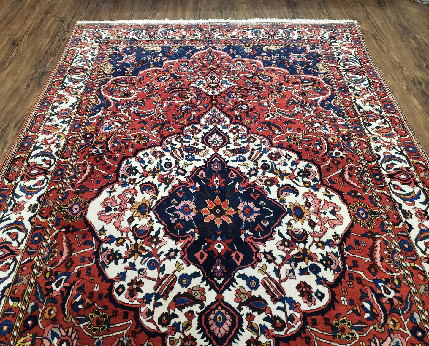 Semi Antique Persian Bakhtiari Rug, Hand-Knotted, Wool, Red, Midnight Blue, Ivory, Floral Medallion, 5'1" x 8' 6"