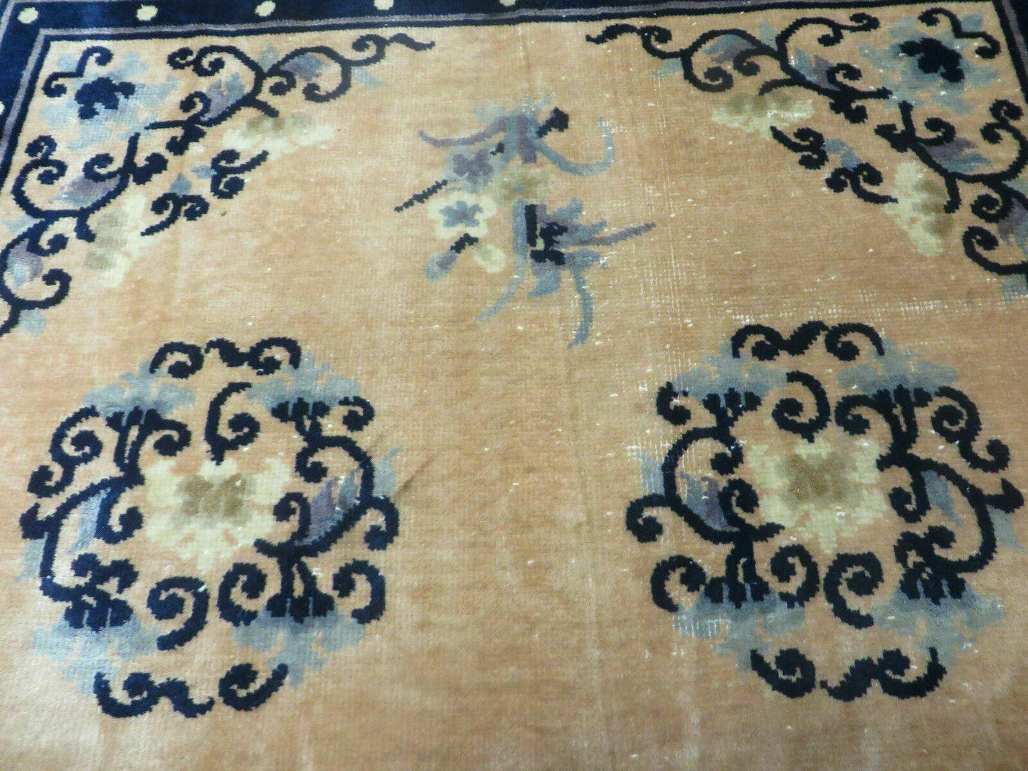 Antique Handmade Peking Chinese Wool Rug 1950s Vintage 47 By 71 Inches Blue And Salmon