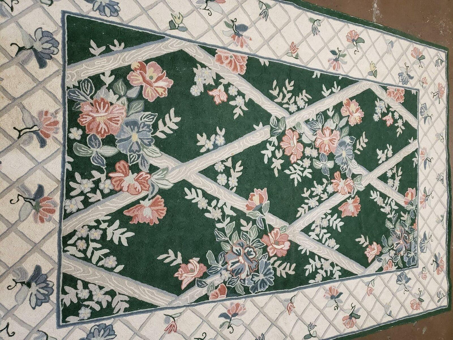 Hand Stitched Indian Wool Rug 3 Ft 6 In By 5 Ft 6 In Green Beige Backing Vintage 1980s