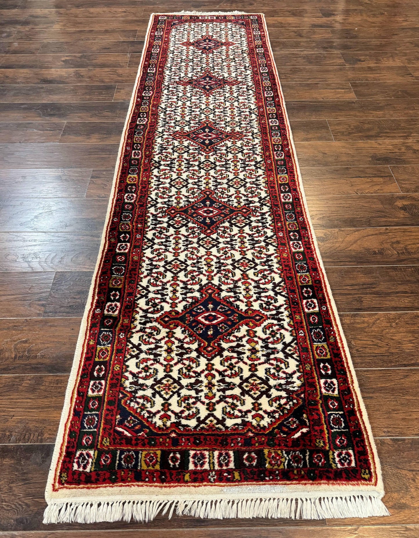 Indo Persian Bidjar Runner Rug 2.8 x 10, Vintage Rug for Hallway, 10ft Runner, Wool Handmade Ivory and Red, Medallions