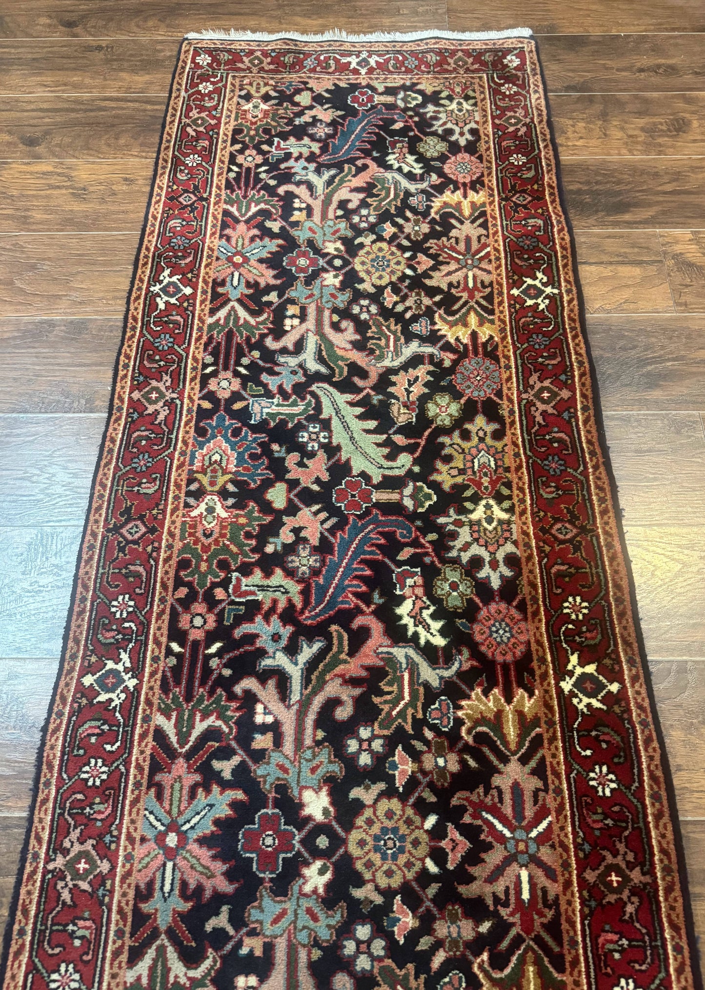 Indo Persian Runner Rug 2.7 x 13, Navy Blue and Red, Allover Floral, Wool, 13ft Runner