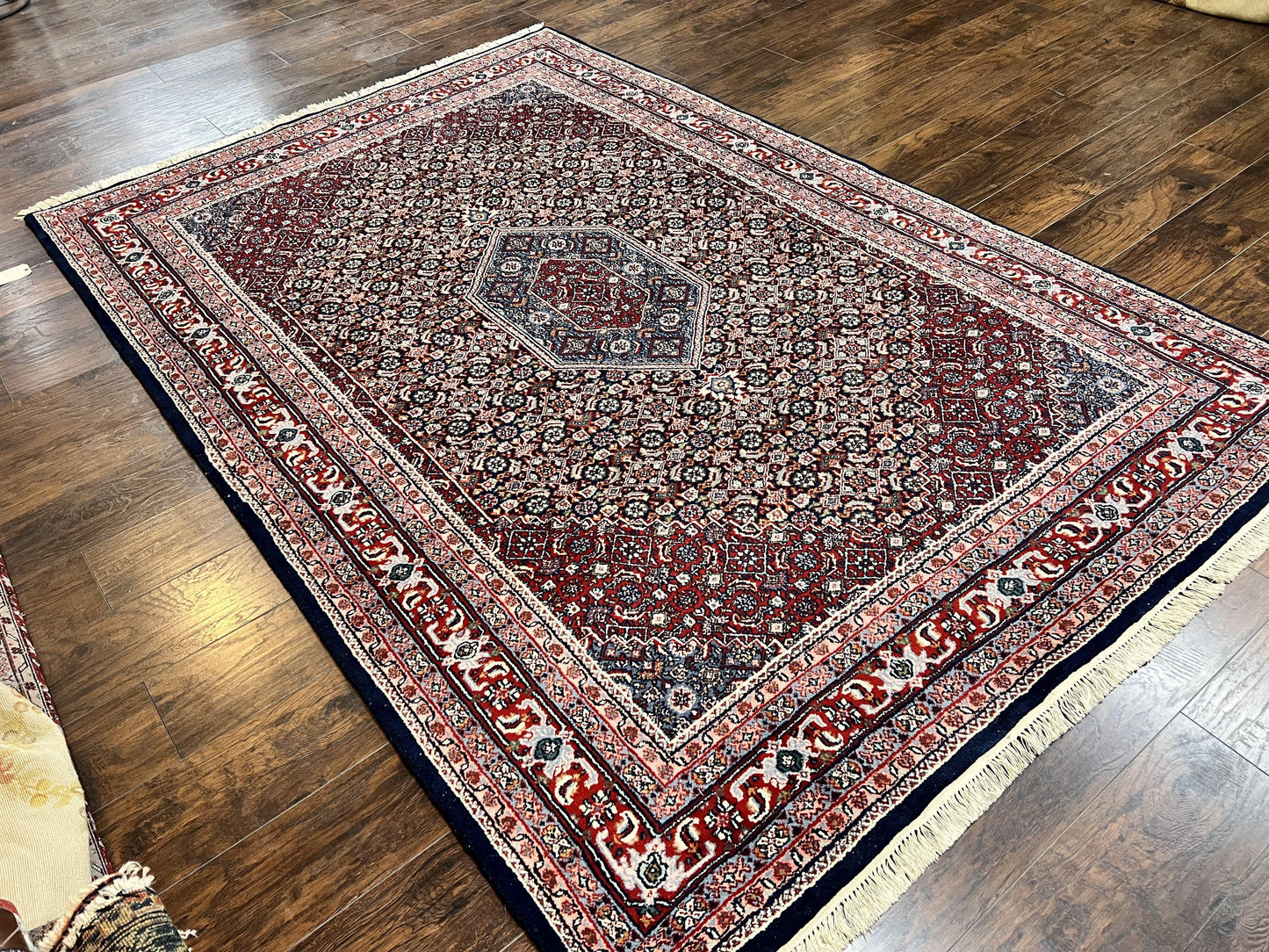 Indo Persian Rug 7x10, Dark Blue and Red Hand Knotted Wool Vintage Oriental Carpet 7 x 10 ft, Handmade Bidjar Rug, Herati Pattern Indian Rug