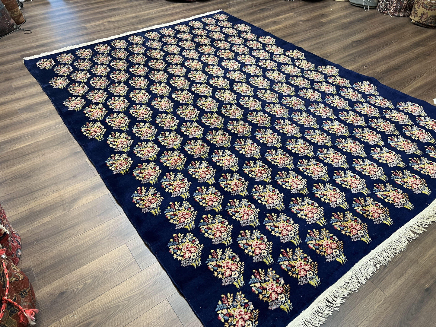 Persian Rug 9x12, Authentic Hand Knotted Carpet, Repeated Floral Motif Garden of Eden, Navy Blue Wool Rug 9 x 12, Semi Antique Kirman Rug