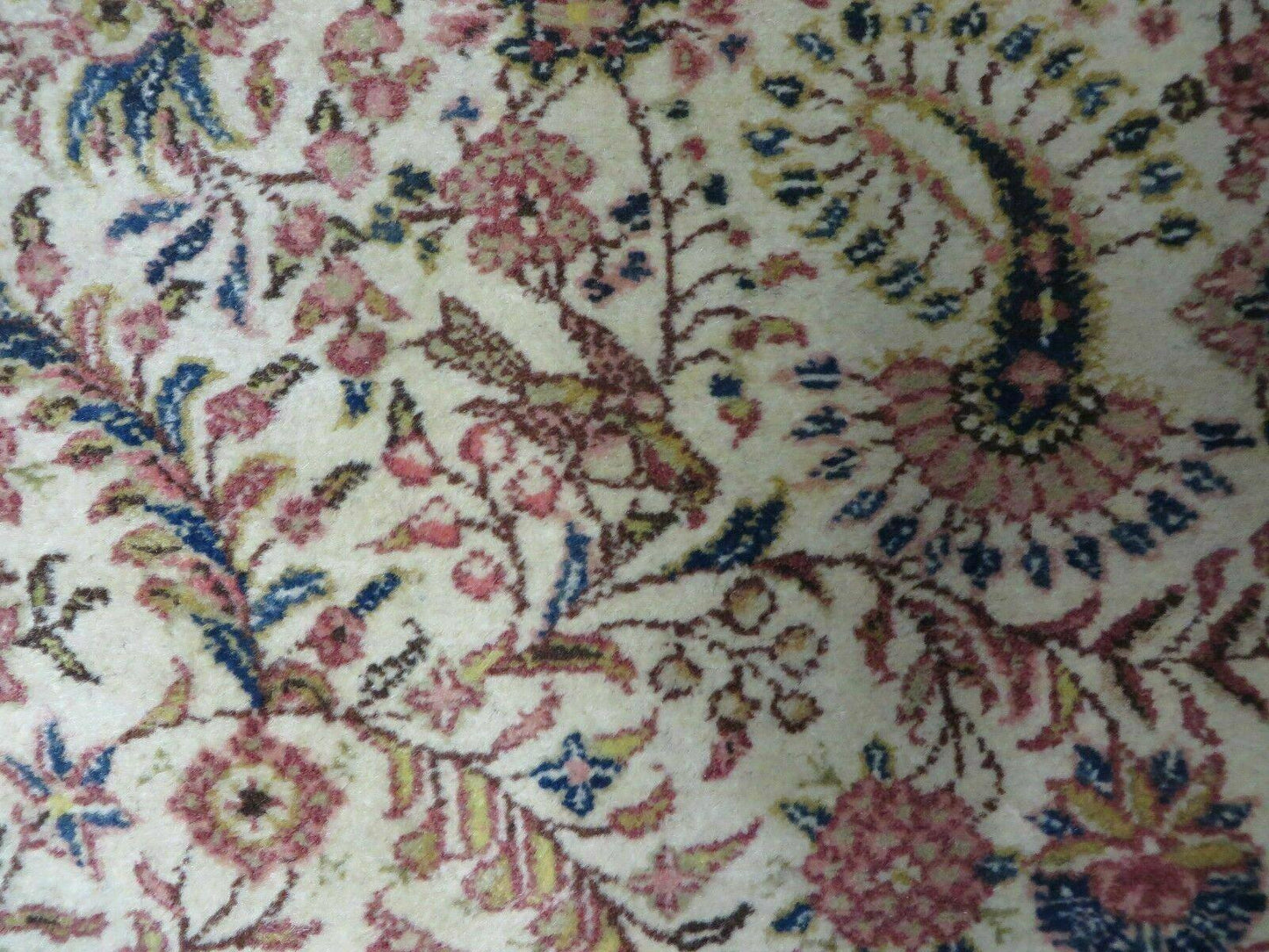 Persian Tabriz Rug 8x10, Antique Authentic Wool Oriental Carpet 8 x 10 ft, Bird Motifs Floral Boteh Paisleys, Cream Red Blue Vintage Handmade Rug