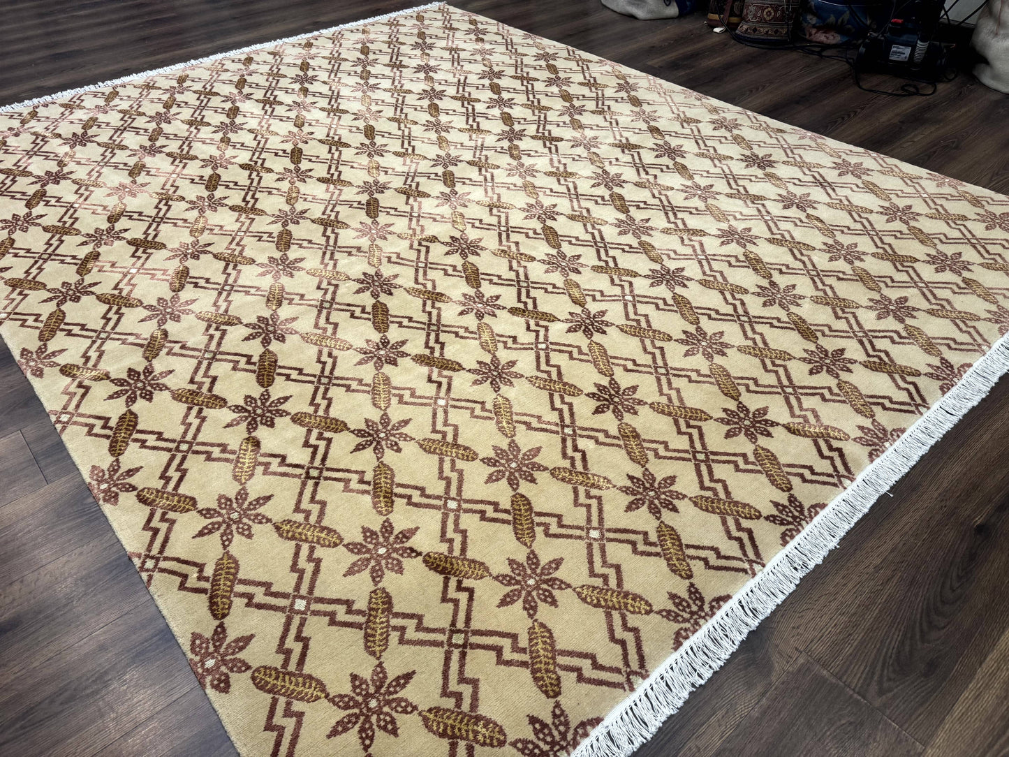 Tibetan Rug 8x10 Wool Silk Highlights Contemporary Carpet Beige And Maroon