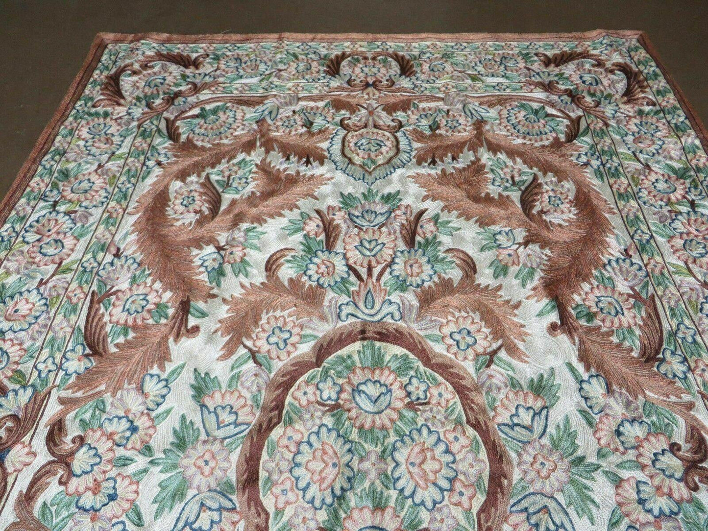 Vintage Hand Stitched Silk On Cotton Rug From India Floral Pattern 46 By 72 Inches