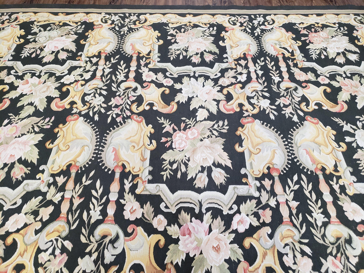 Vintage Black Aubusson Area Rug 8x10, Large Flowers Chinese Aubusson Carpet 7.9 x 10, Wool Hand-Knotted Floral Pattern Flat Weave Rug Nice