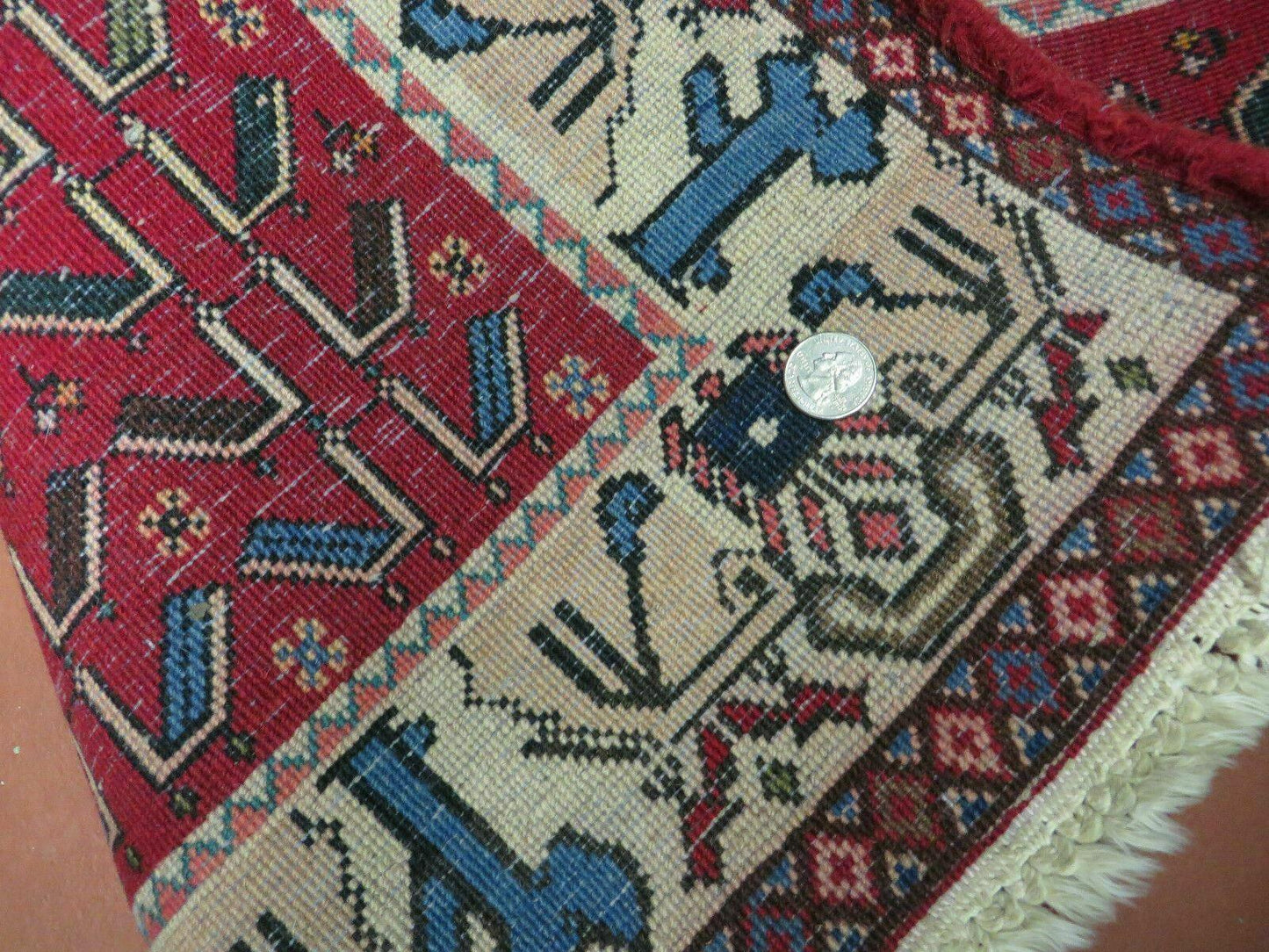 Vintage Handmade Wool Rug India Geometric Oriental Birds Ivory Red 3x5