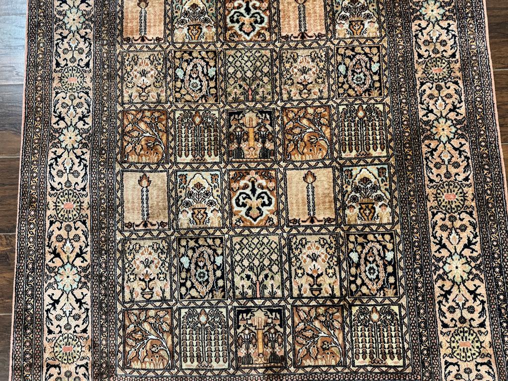 Indian Kashmiri Silk Rug 4x6, Panel Design, Multicolor, Fine