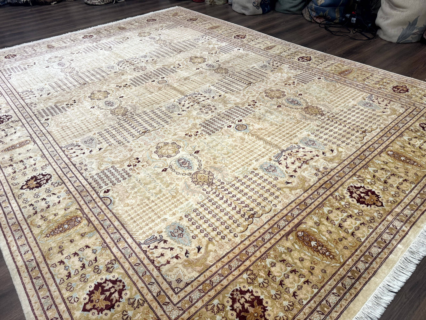 Pakistani Carpet 9x12, Finely Hand Knotted 270 KPSI, Cream, Allover Pattern